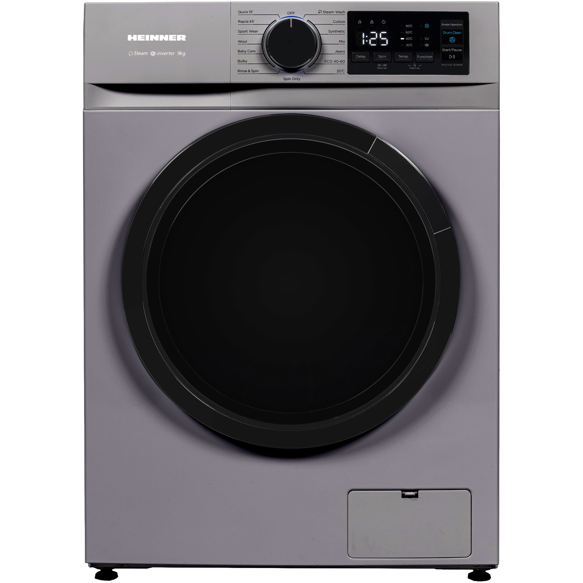 Lave-linge Heinner gris avec porte de tambour et panneau de commande noirs.