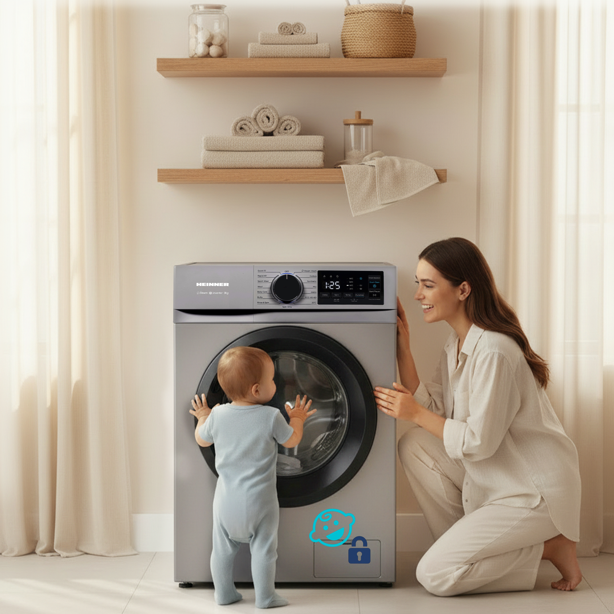 Une femme sourit à un bébé qui touche une machine à laver. La machine a une icône de verrouillage enfant.