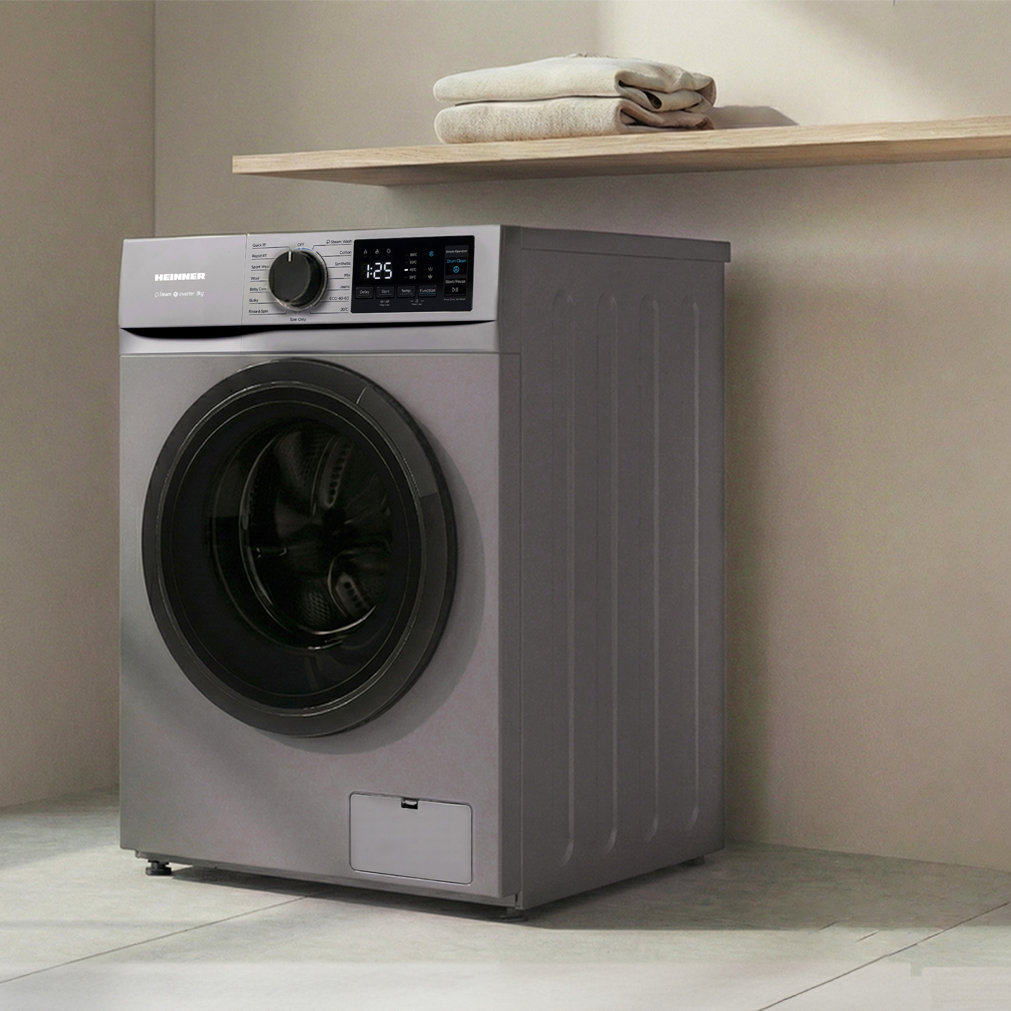 Gray washing machine with digital display, door and drum.