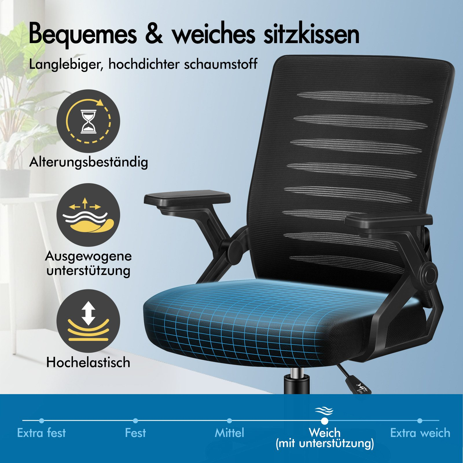 Ein schwarzer Bürostuhl mit Mesh-Rücken und gepolsterter Sitzfläche, hervorgehoben durch blaue Gitterlinien.