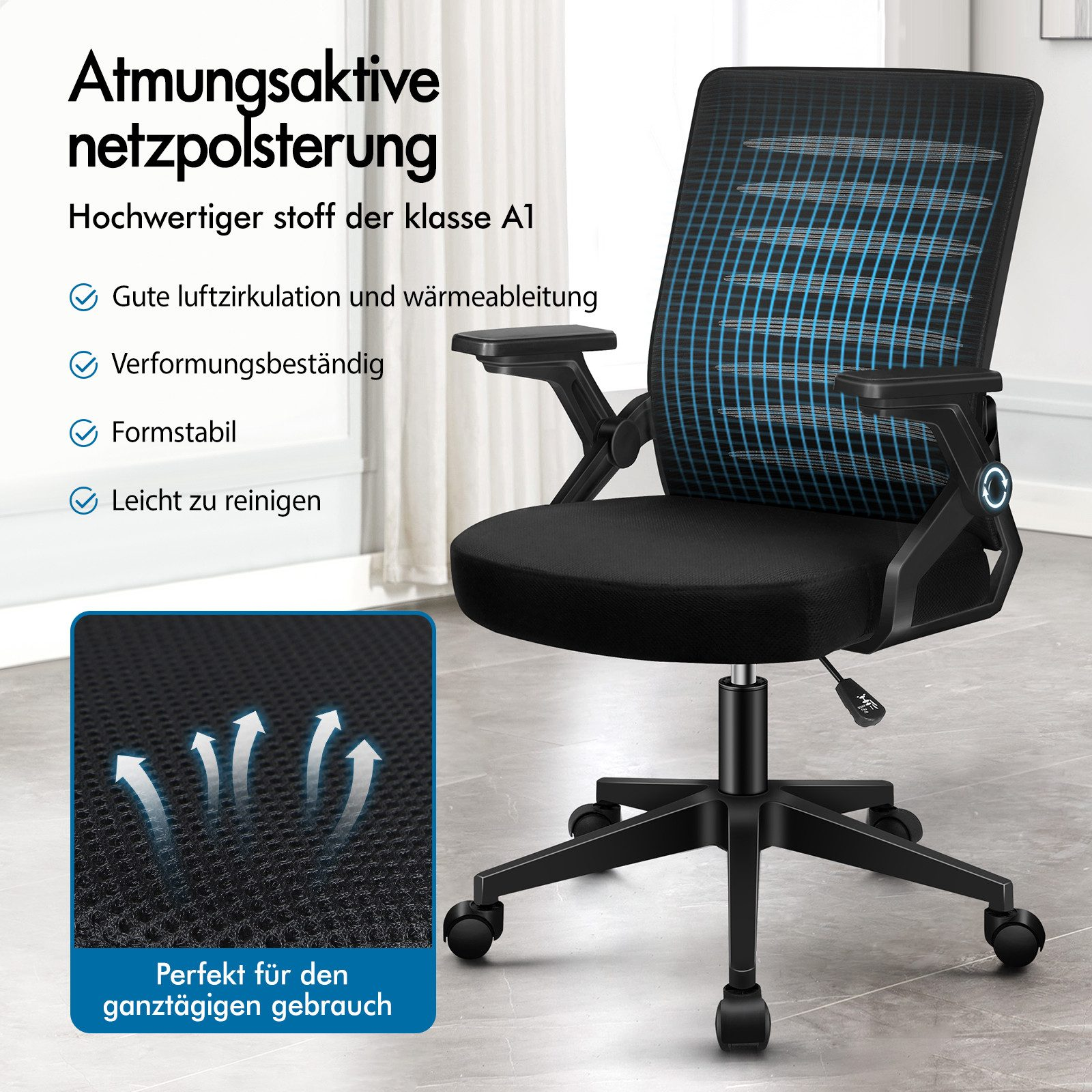 Schwarzer Bürostuhl mit Netzrücken und blauen Akzenten. Infokästchen zeigen Belüftung.