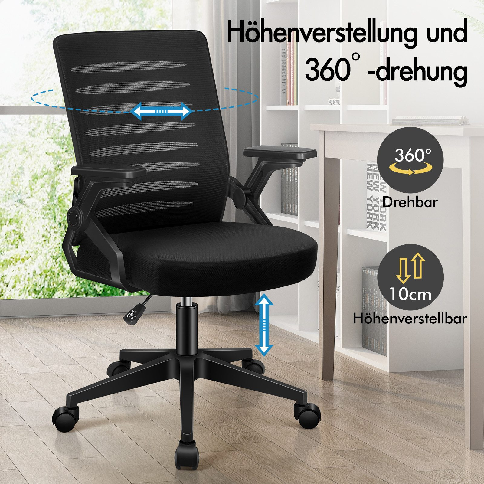 Schwarzer Bürostuhl mit Höhenverstellung und 360° Drehung, vor einem Bücherregal.