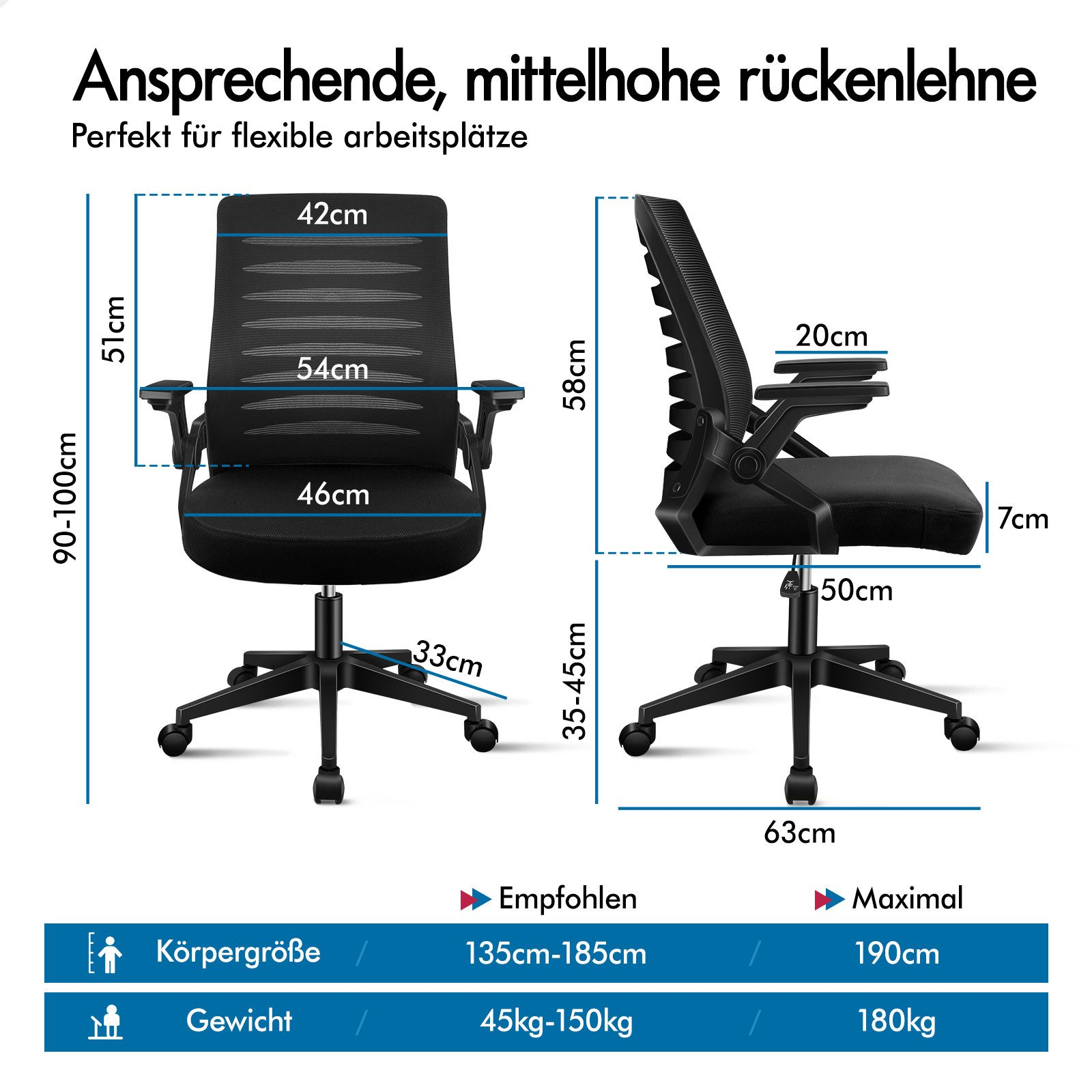 Schwarzer Bürostuhl mit Maßen und Empfehlungen für Körpergröße und Gewicht.