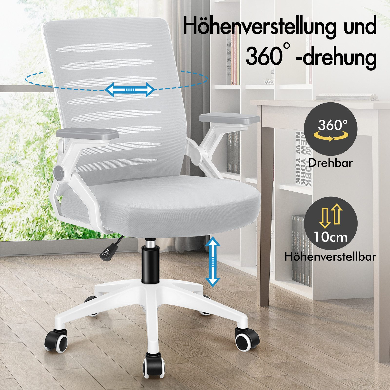 Grauer Bürostuhl mit Höhenverstellung und 360°-Drehung.