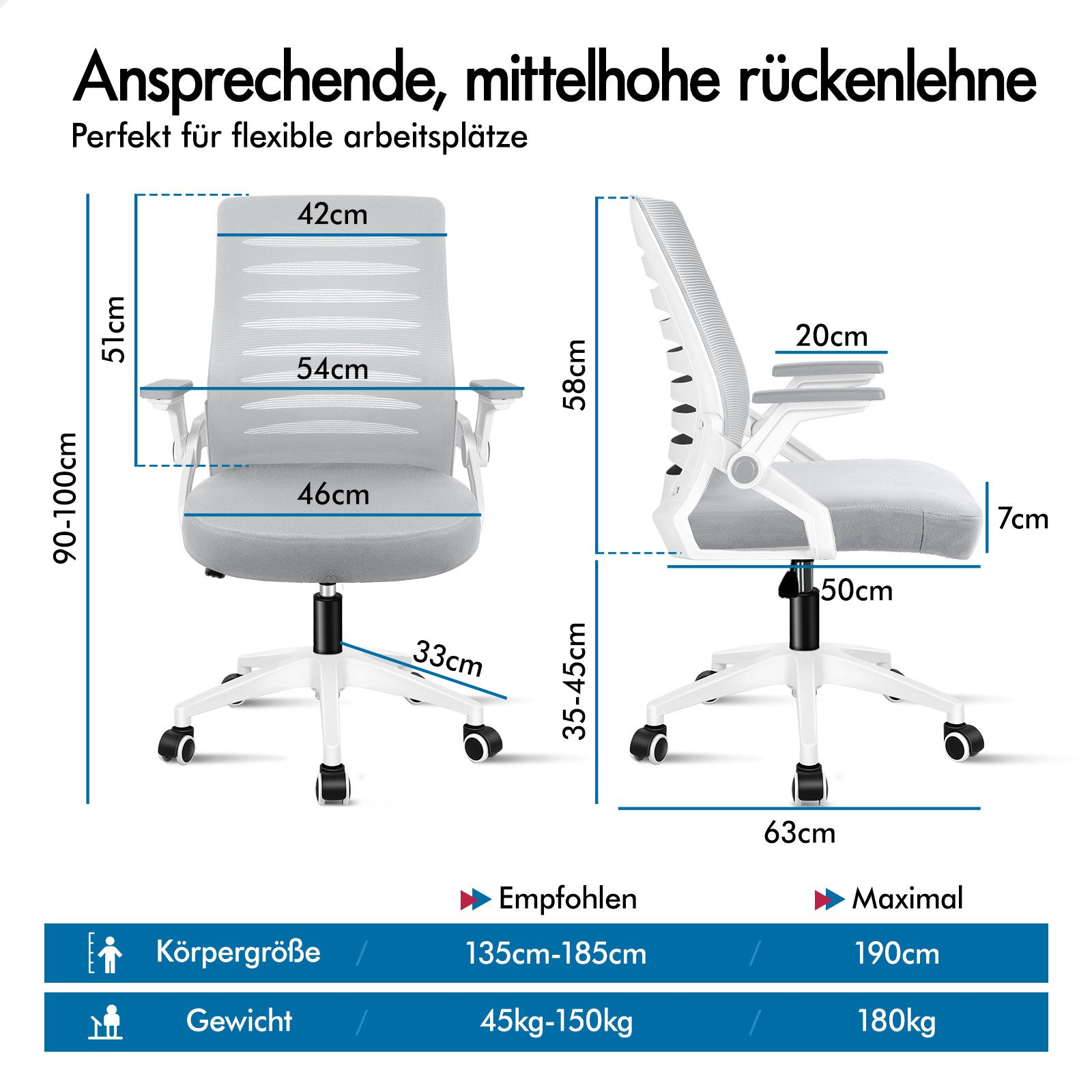 Bürostuhl mit Maßen für Rückenlehne, Sitzfläche und Armlehnen.