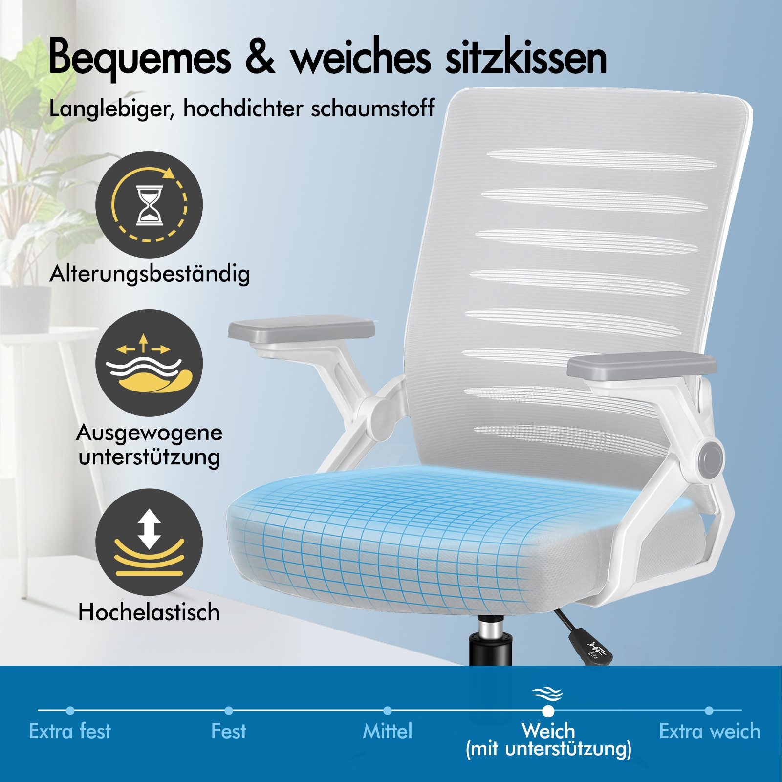 Bürostuhl mit weichem Sitzkissen, langlebig, mit Unterstützung.
