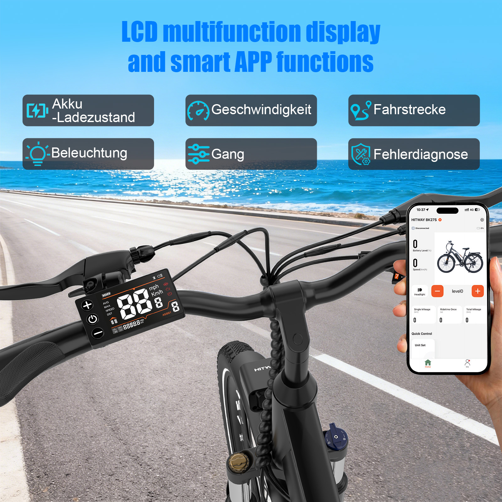 Fahrradlenker mit Display und Smartphone-App. Anzeige von Akku, Geschwindigkeit, Strecke.
