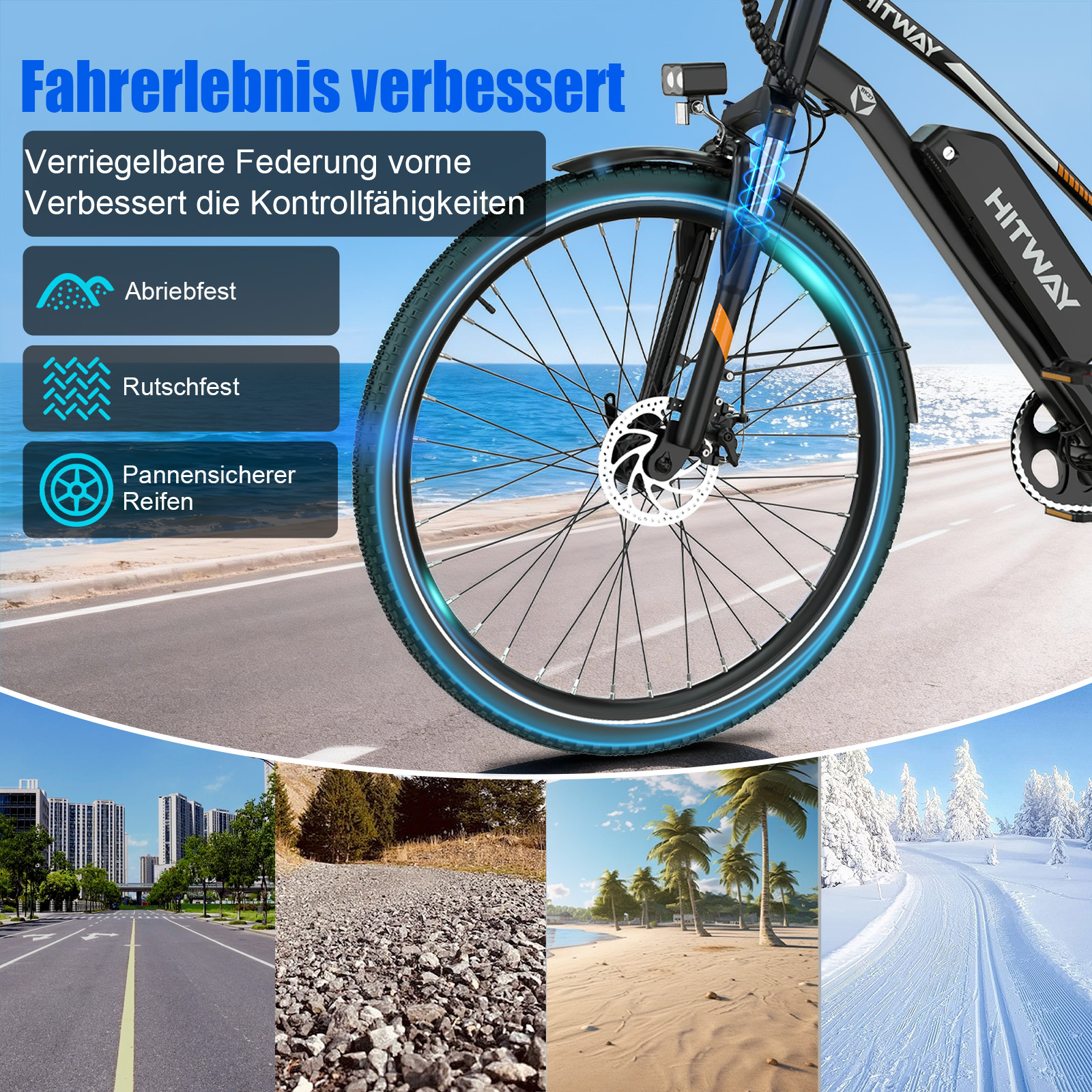 E-Bike mit Federung, vorne Rad, Text über Reifen und Geländedarstellungen.