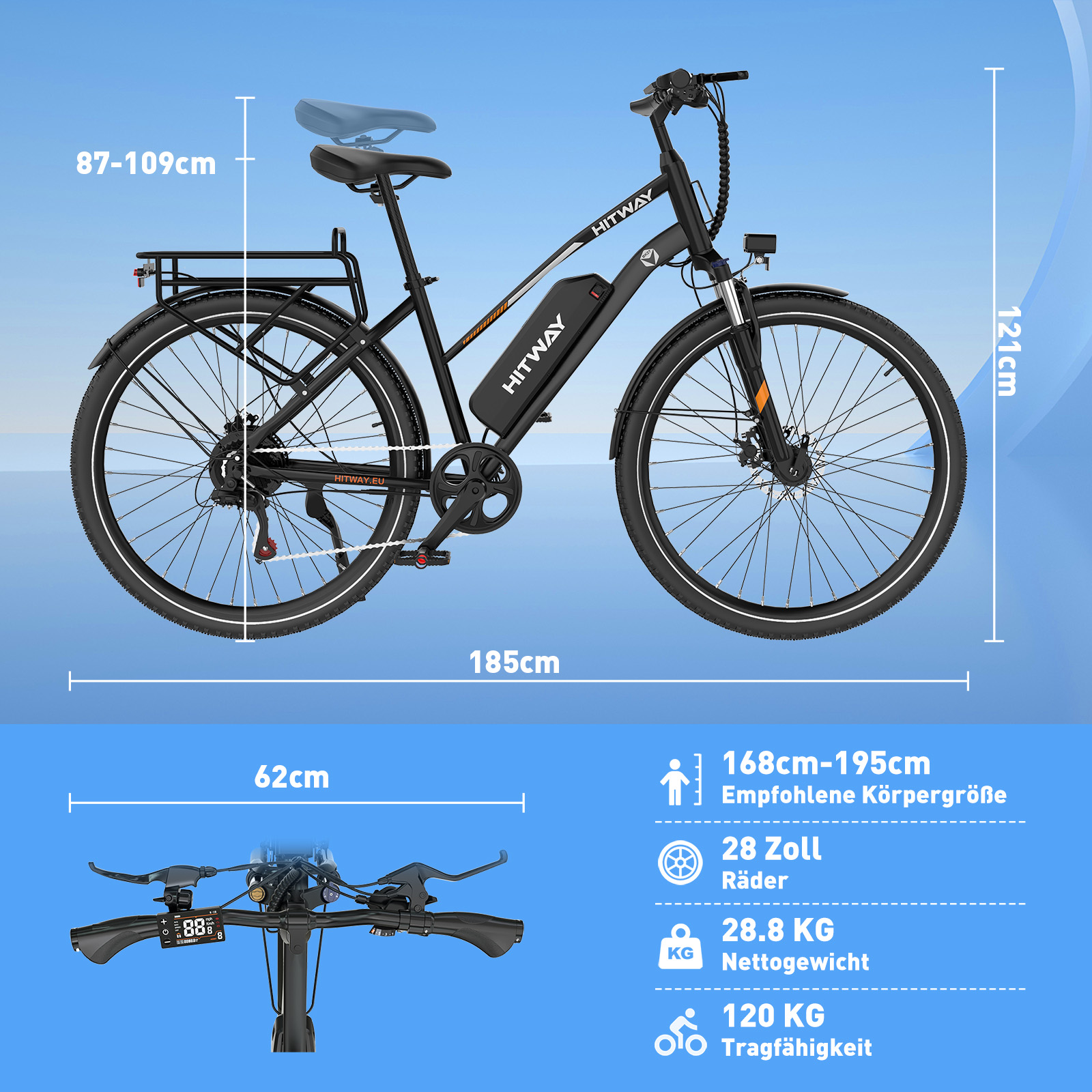 Schwarzes E-Bike mit Gepäckträger, 185cm lang, 121cm hoch. Empf. Körpergröße 168-195cm.