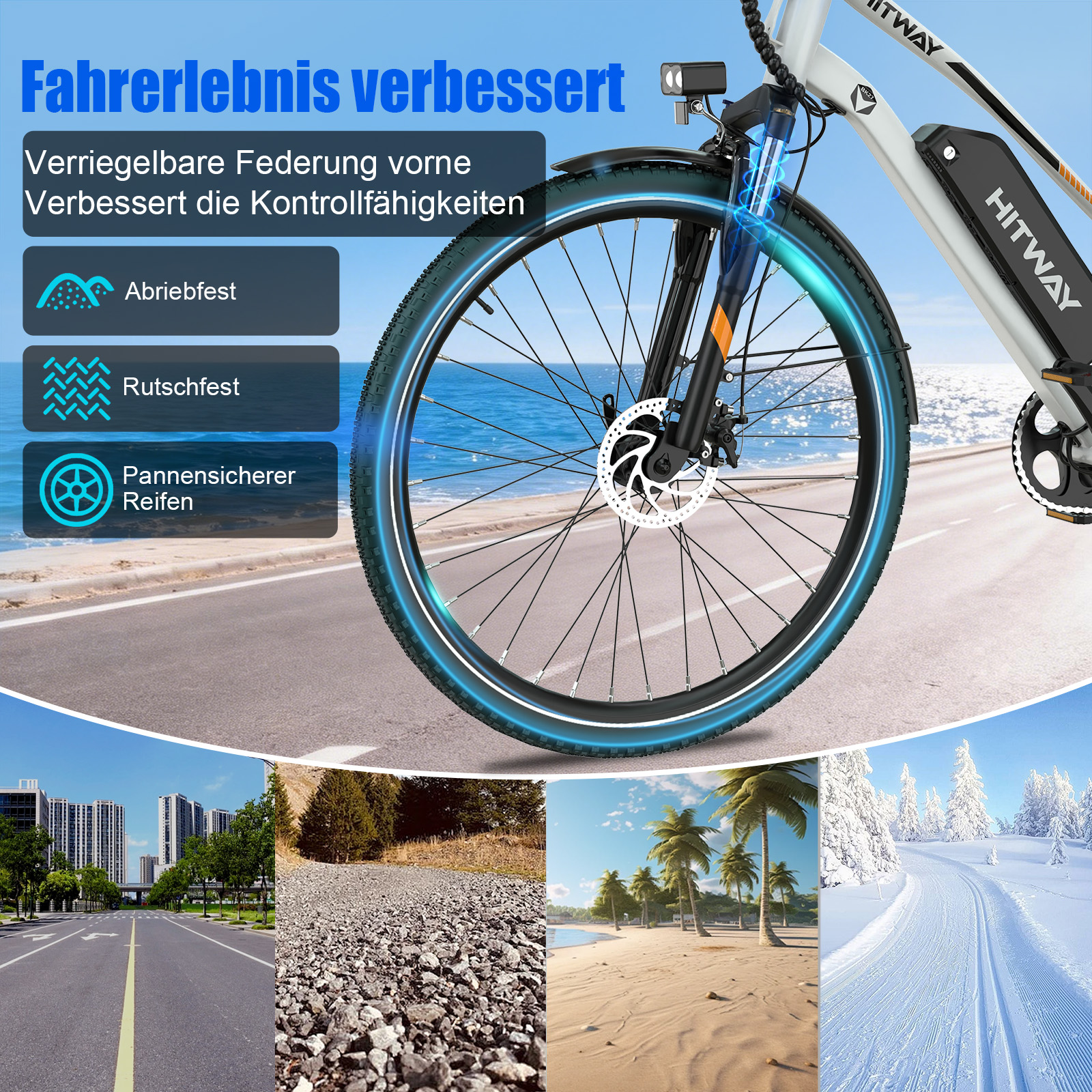 E-Bike mit Federung und verschiedenen Terrains: Stadt, Schotter, Strand, Schnee.