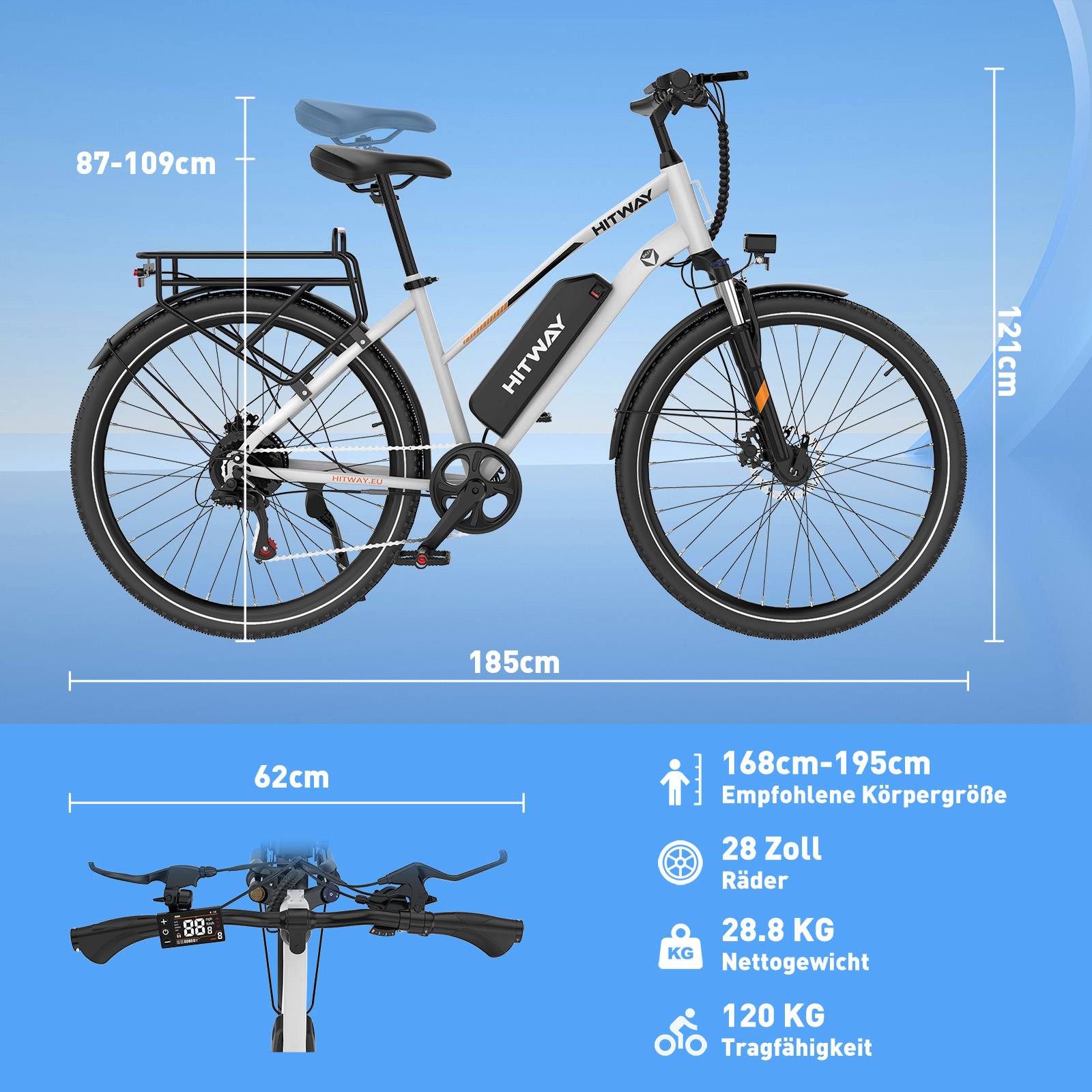 Ein weißes E-Bike mit schwarzen Reifen, Gepäckträger und Schriftzügen.