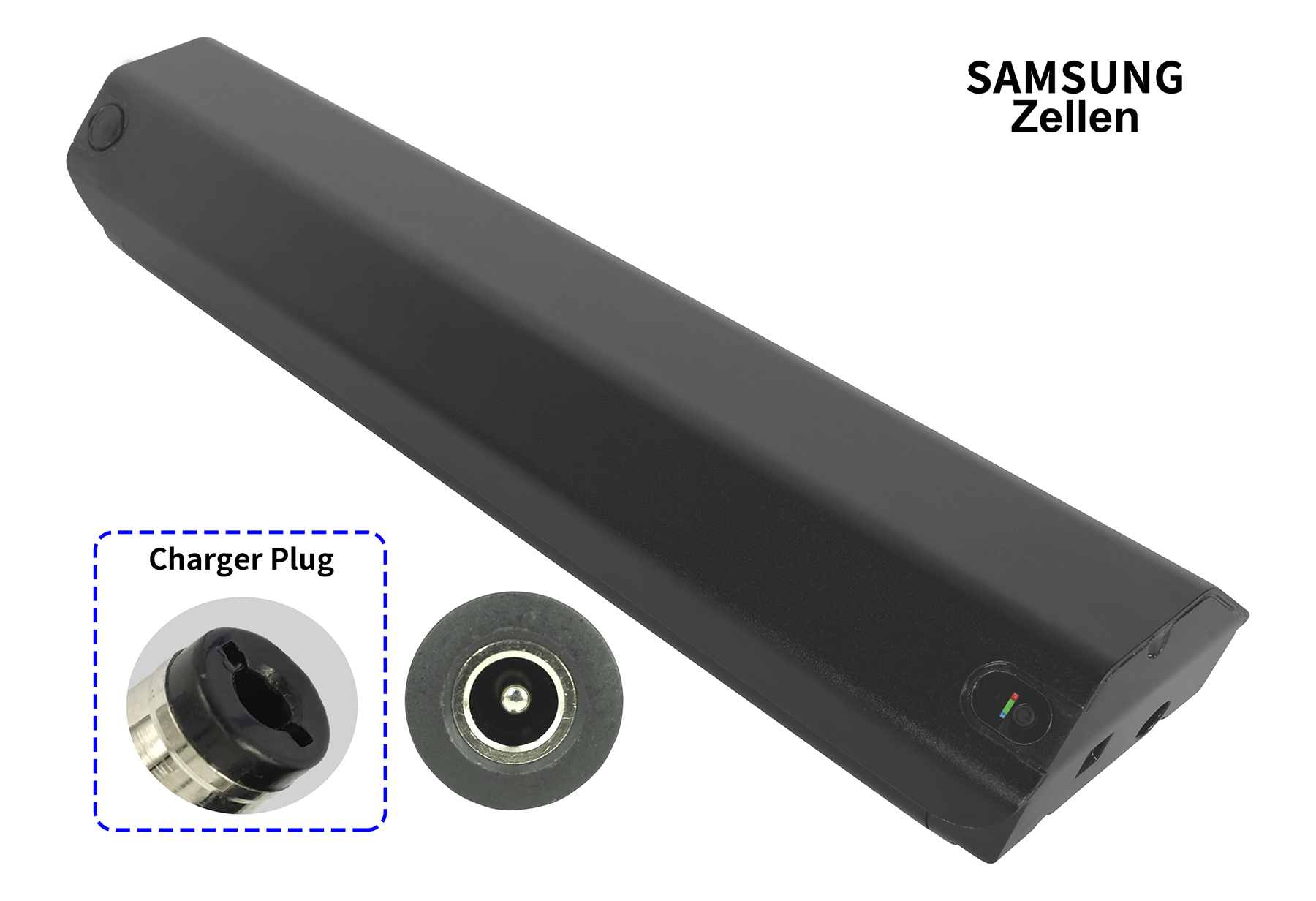 Schwarzer Akku mit Ladeanschluss und Samsung-Schriftzug.