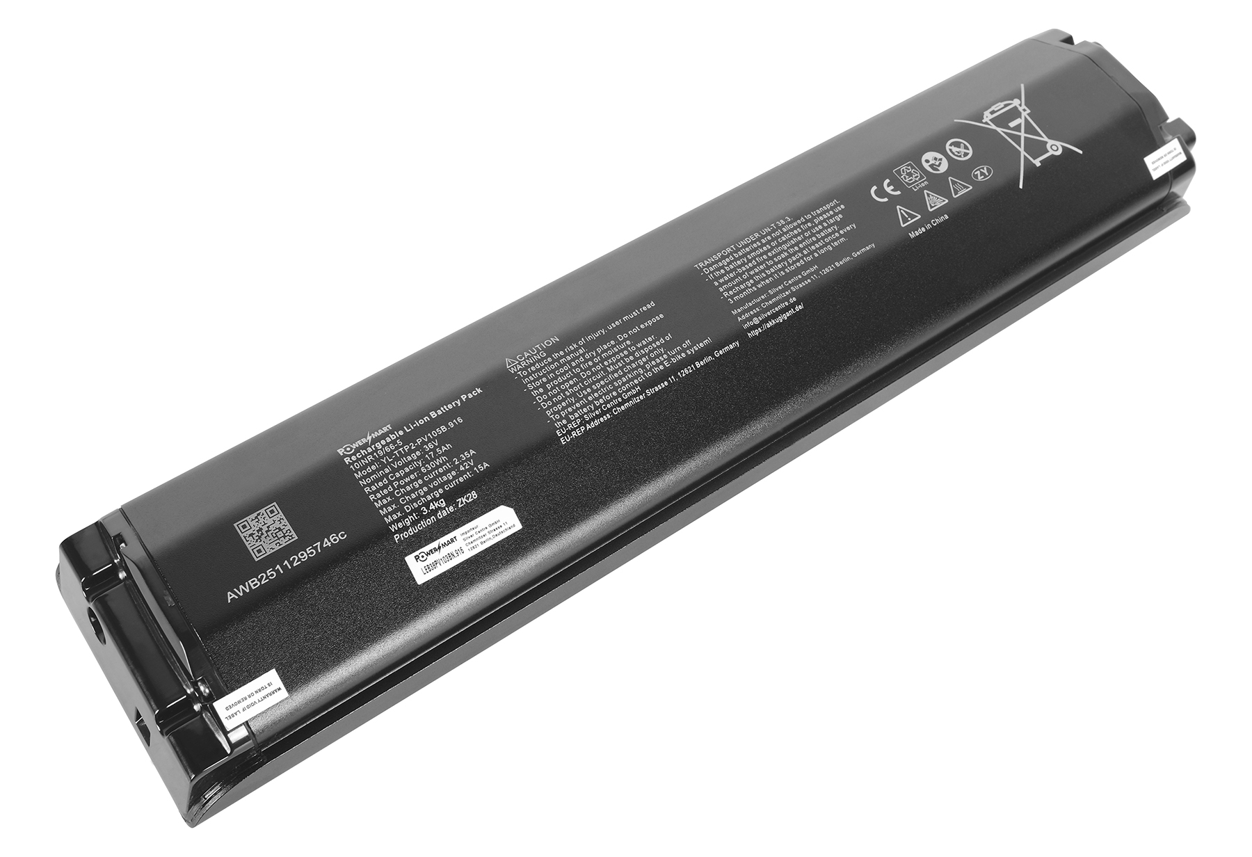 Schwarzer Lithium-Ionen-Akku mit technischen Daten und Warnhinweisen.