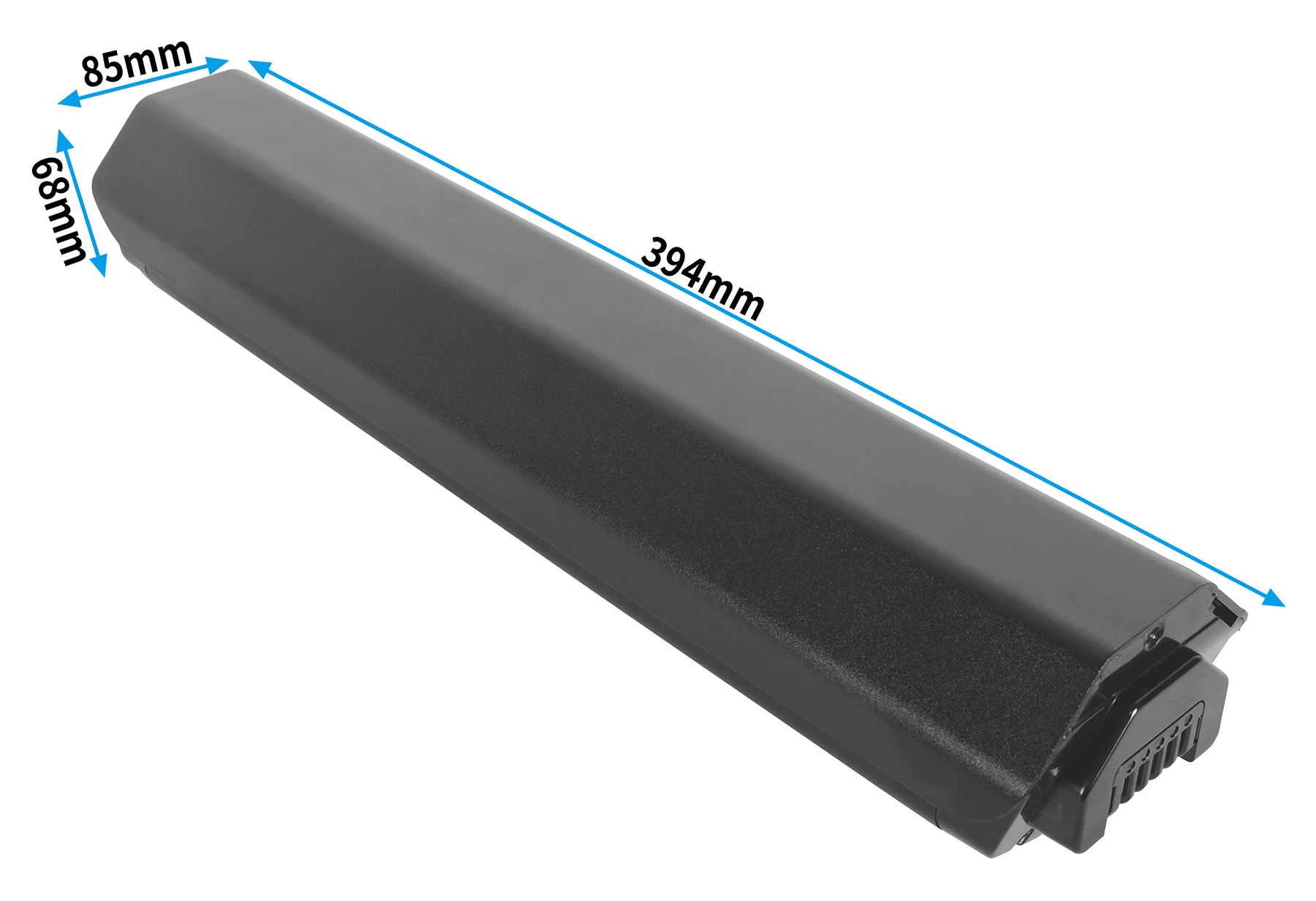 Ein schwarzer Akku mit Maßen 394mm x 85mm x 68mm.