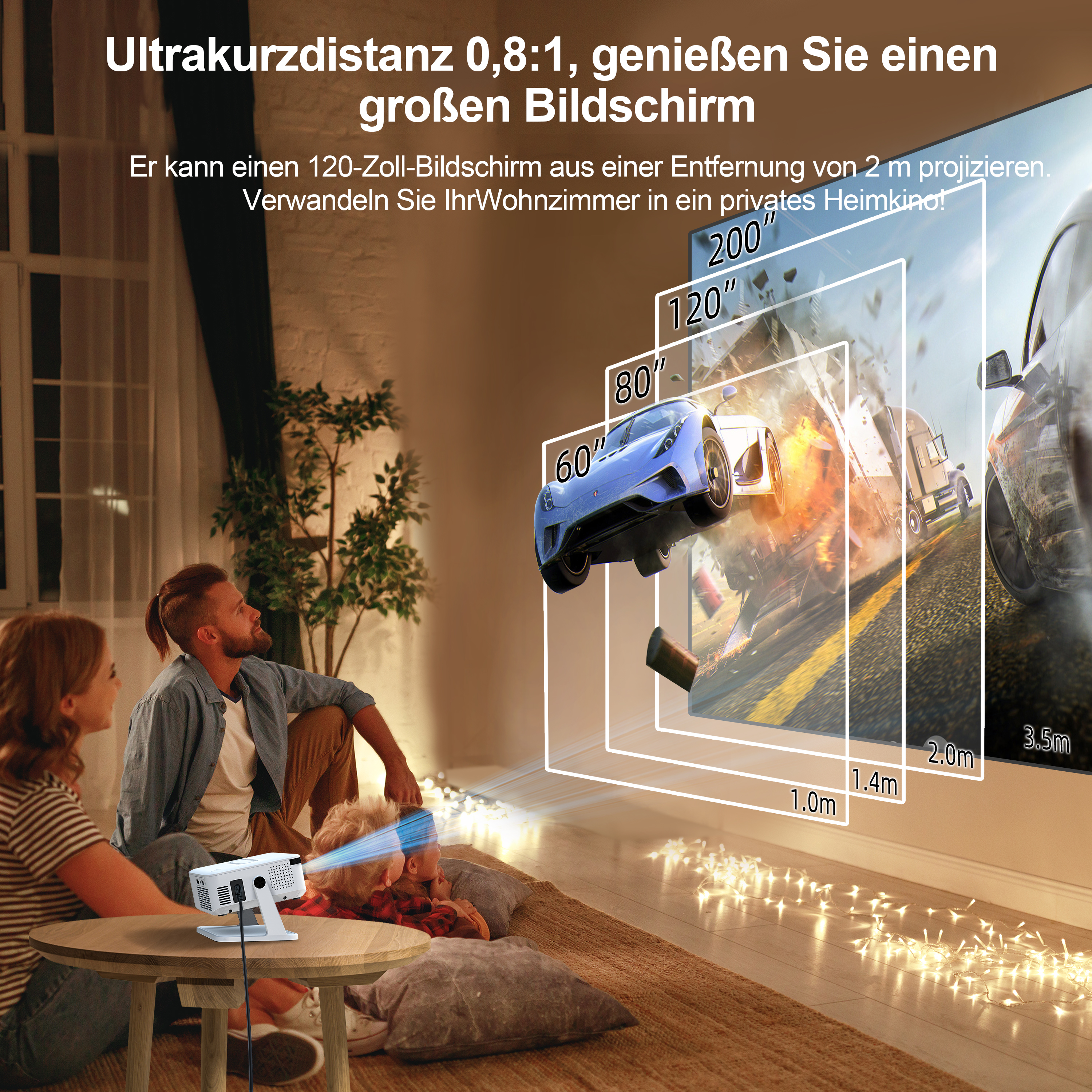 Familie schaut Film auf Leinwand, Projektor wirft Bild.
