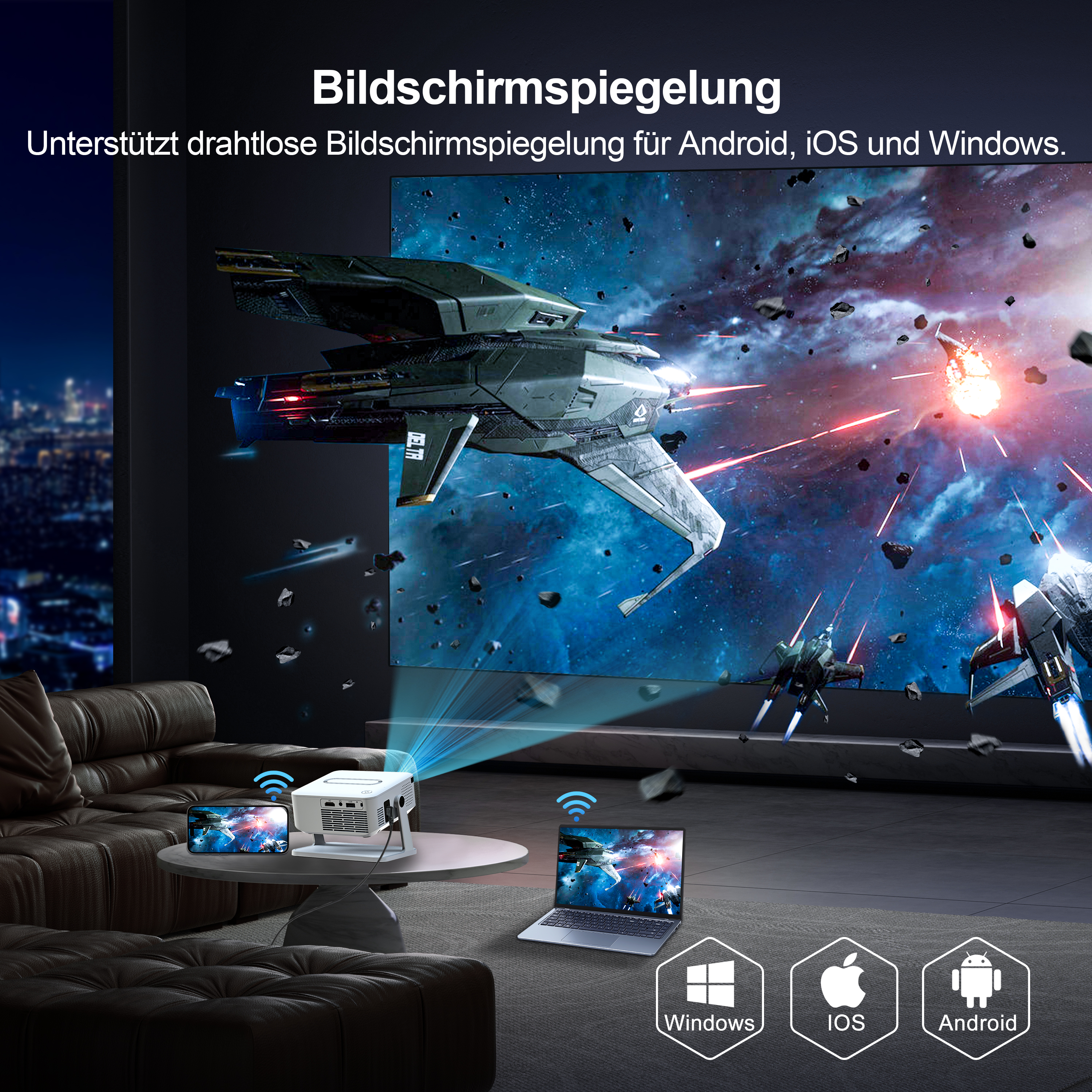 Ein Projektor spiegelt ein Weltraumkampfspiel auf einen großen Bildschirm, mit Geräten.