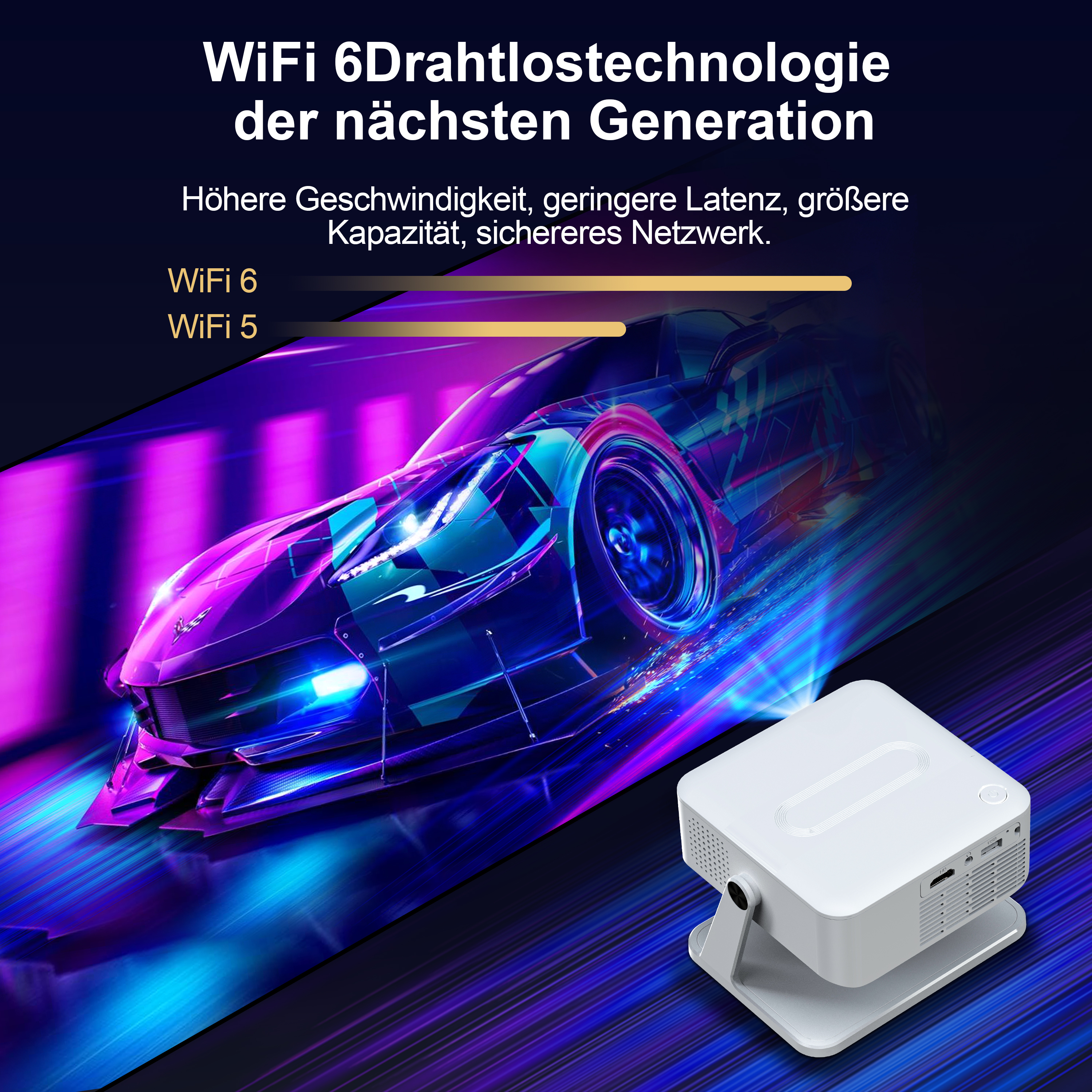 Ein weißer Projektor steht vor einem stilisierten Auto mit Neonlicht.