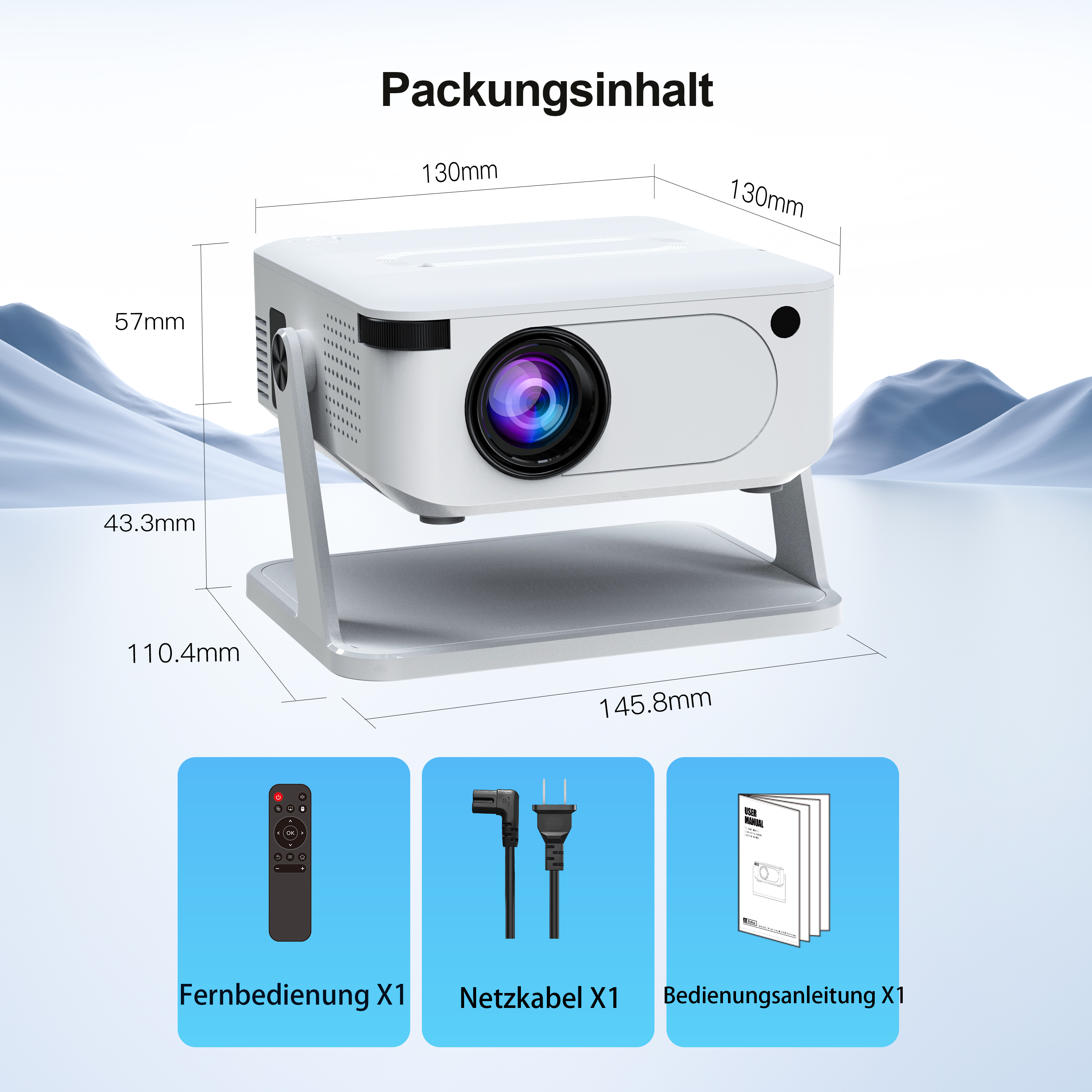Ein weißer Projektor mit Fernbedienung, Netzkabel und Anleitung.