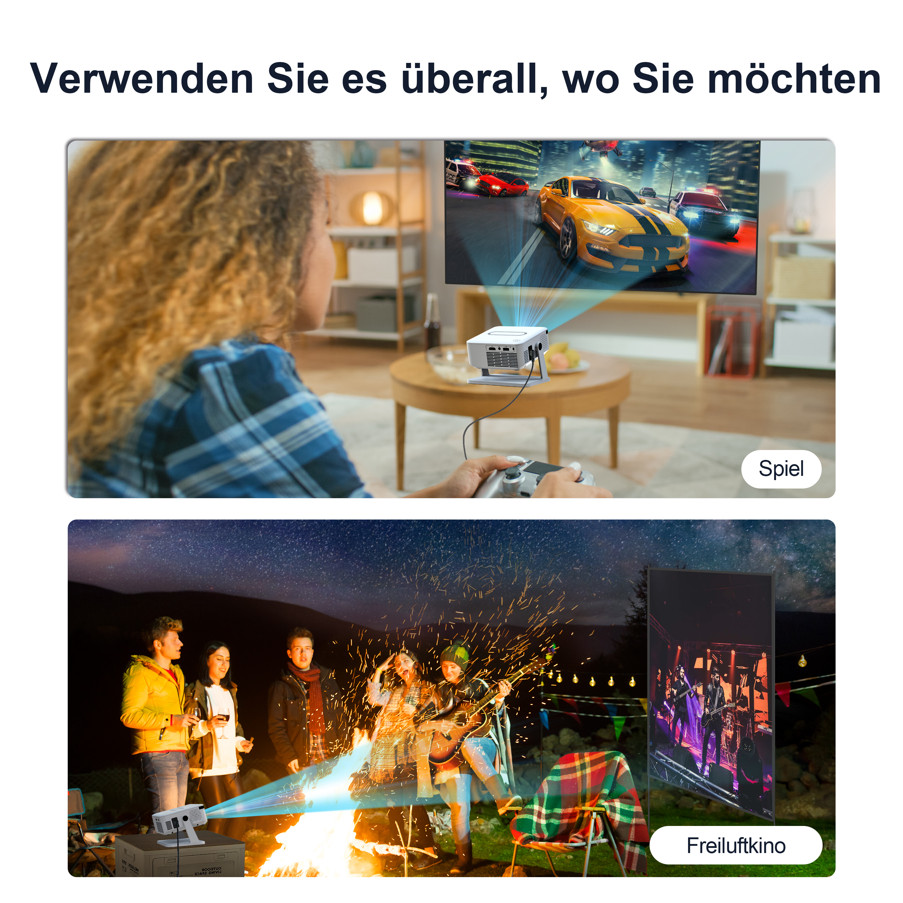 Projektor spielt Autorennen im Wohnzimmer und draußen ein Konzert unter Sternen.