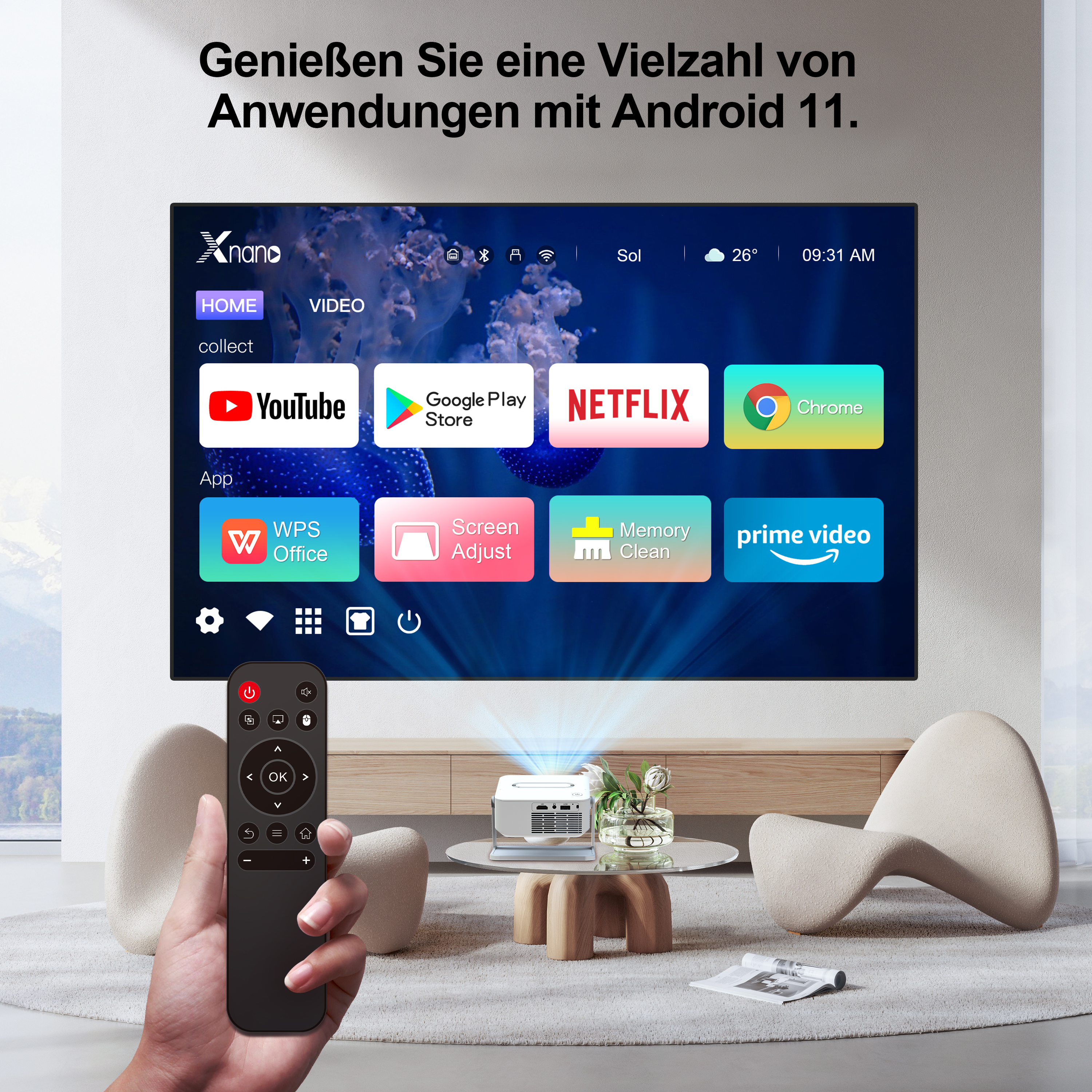 Ein Projektor mit Fernbedienung zeigt Apps wie YouTube, Netflix auf einem Smart-TV-Bildschirm.