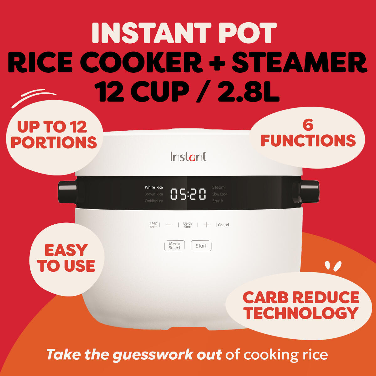 A white Instant Pot rice cooker and steamer with a black control panel and timer.