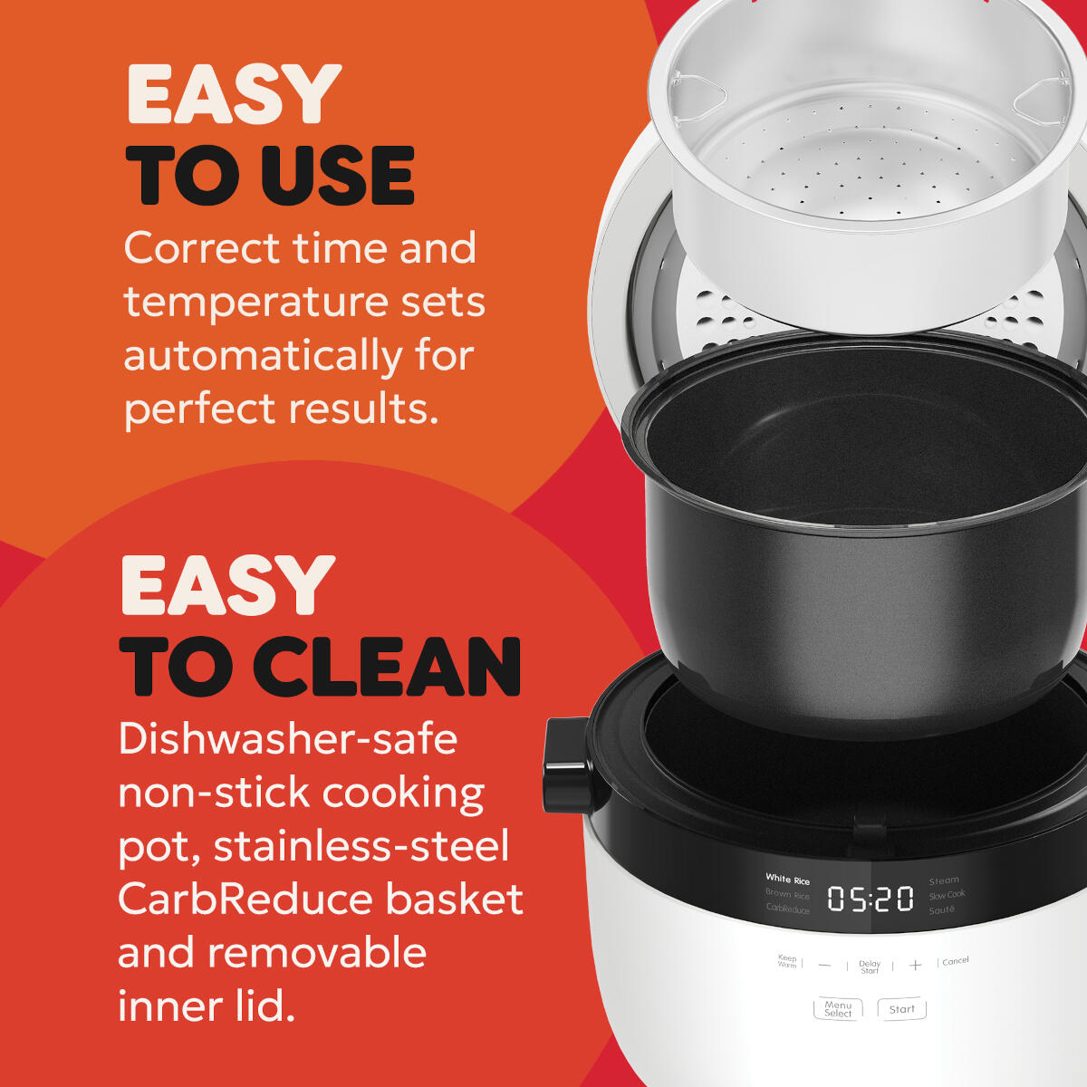 A rice cooker with a removable inner lid, steam basket, and black pot.