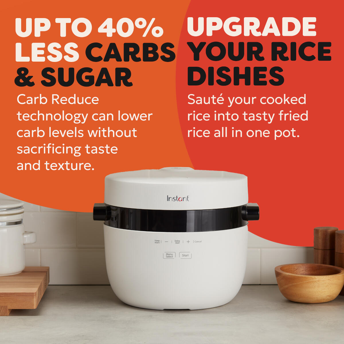 An Instant Pot rice cooker with text about reducing carbs and sugar by up to 40%.