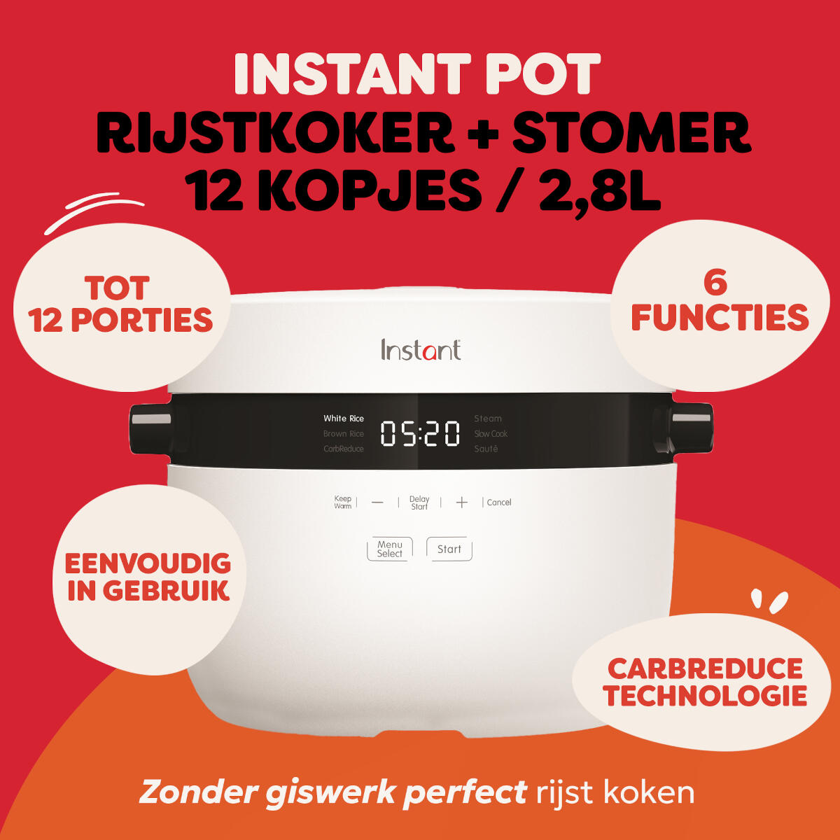 White rice cooker with 6 functions, 12 portions, 2.8L. Easy to use.