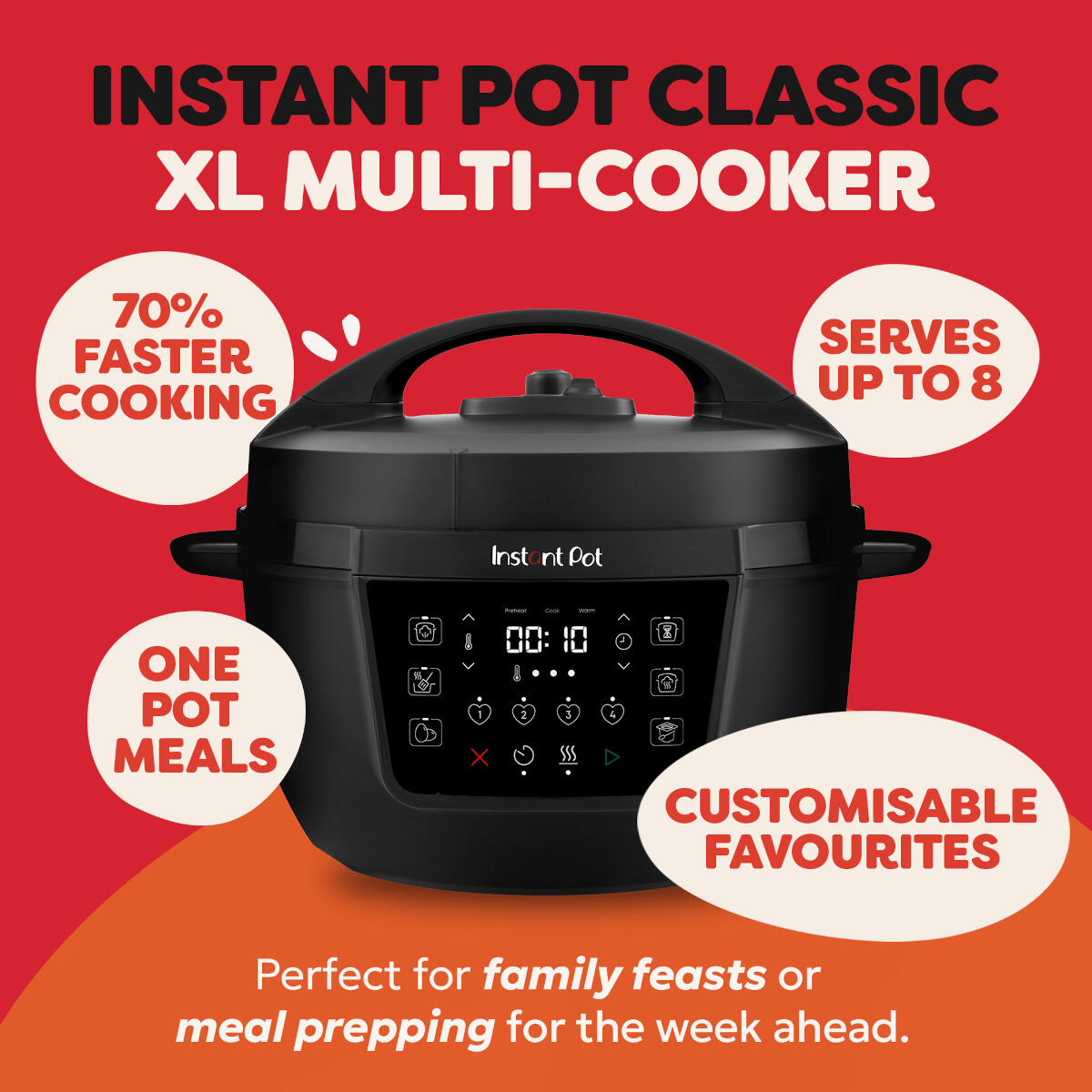 Czarny multicooker Instant Pot Classic XL z cyfrowym wyświetlaczem i etykietami.