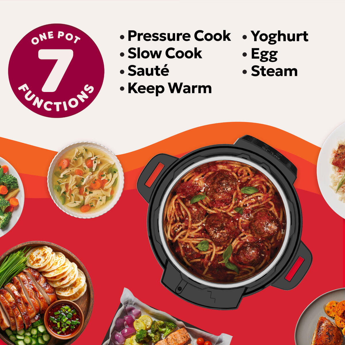 Garnki One Pot z 7 funkcjami. Pokazuje spaghetti z klopsikami, kurczaka i zupę.