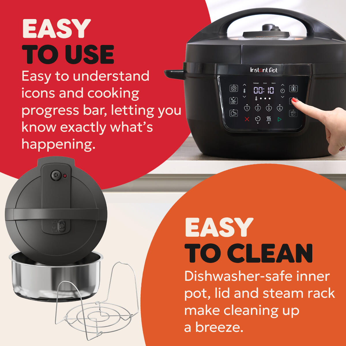 Czarny szybkowar Instant Pot z cyfrowym wyświetlaczem. Łatwy w obsłudze i czyszczeniu.