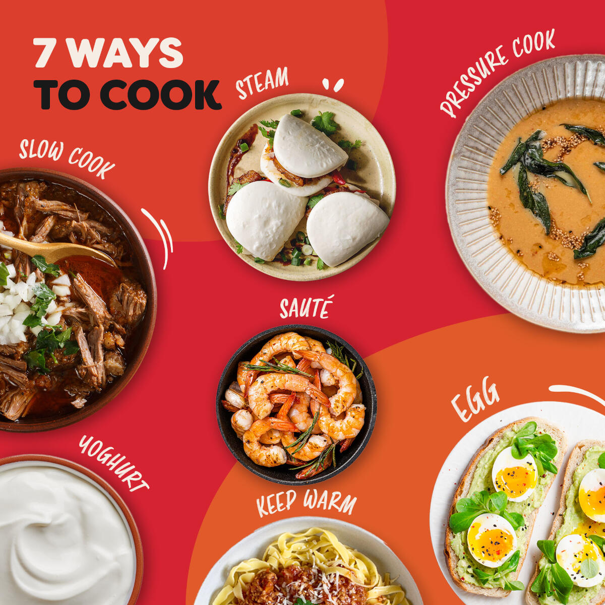 7 Sposobów Gotowania: Gulasz wołowy, bułeczki na parze, zupa, smażone krewetki, jogurt, makaron.