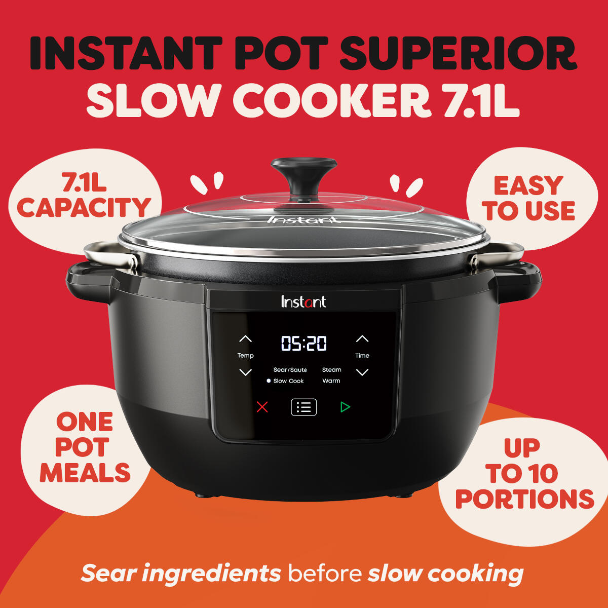 Czarna wolnowar Instant Pot 7.1L ze szklaną pokrywą i cyfrowym wyświetlaczem.