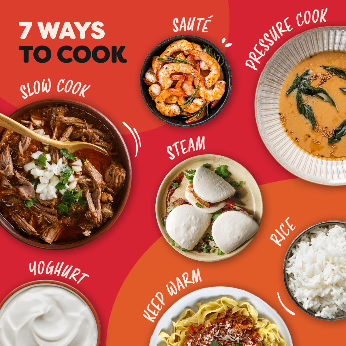7 sposobów gotowania: duszony gulasz, smażone krewetki, zupa z szybkowaru, bułeczki parowe, jogurt, ryż, makaron.