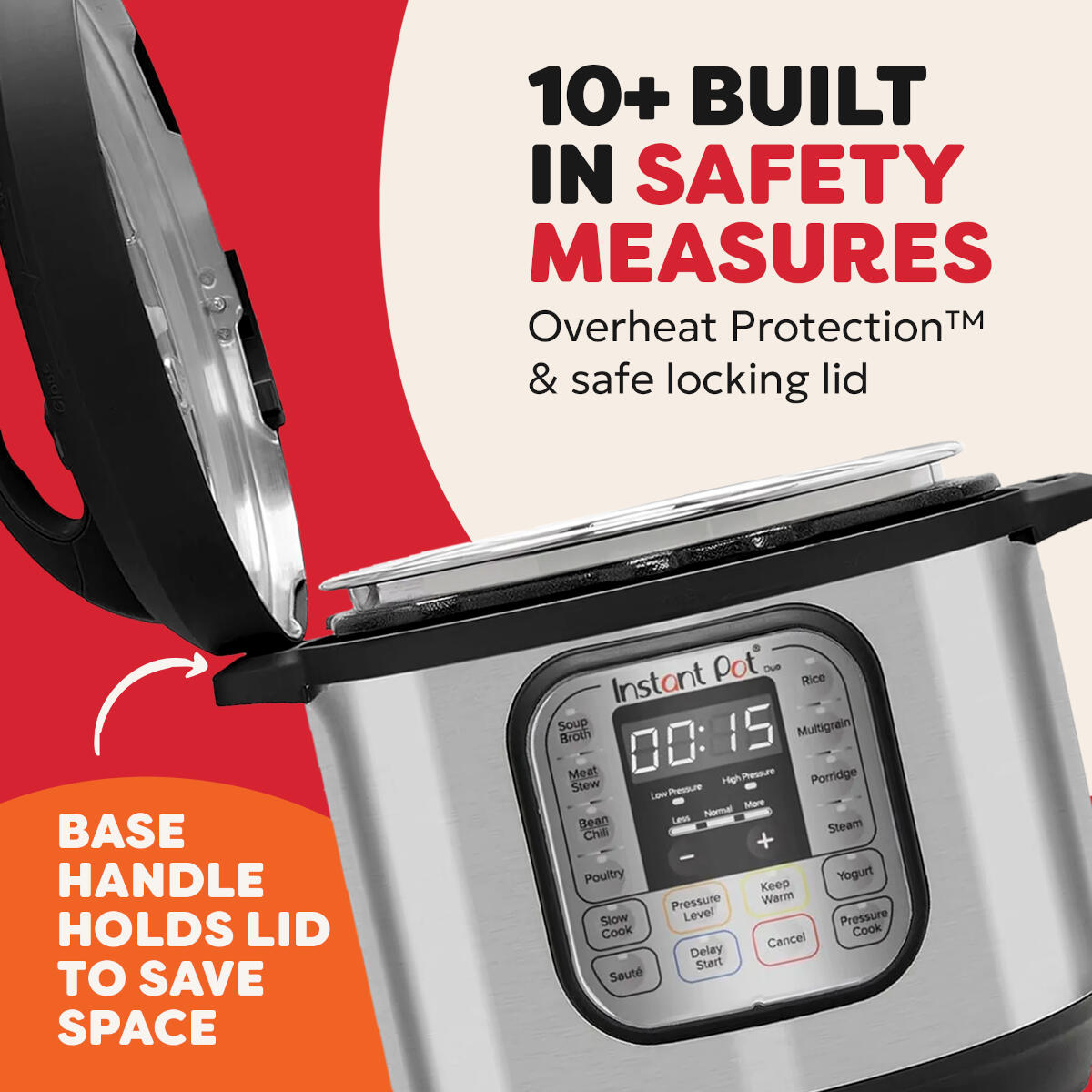 Srebrny Instant Pot z otwartą pokrywą. Tekst: "10+ WBUDOWANYCH ŚRODKÓW BEZPIECZEŃSTWA".