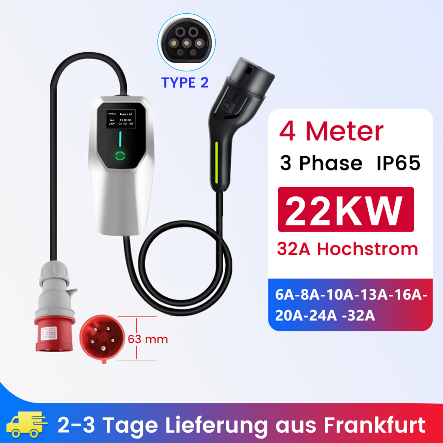 EV Ladegerät: Typ 2 Stecker, 4m Kabel, 22kW, 3-Phasen, IP65.