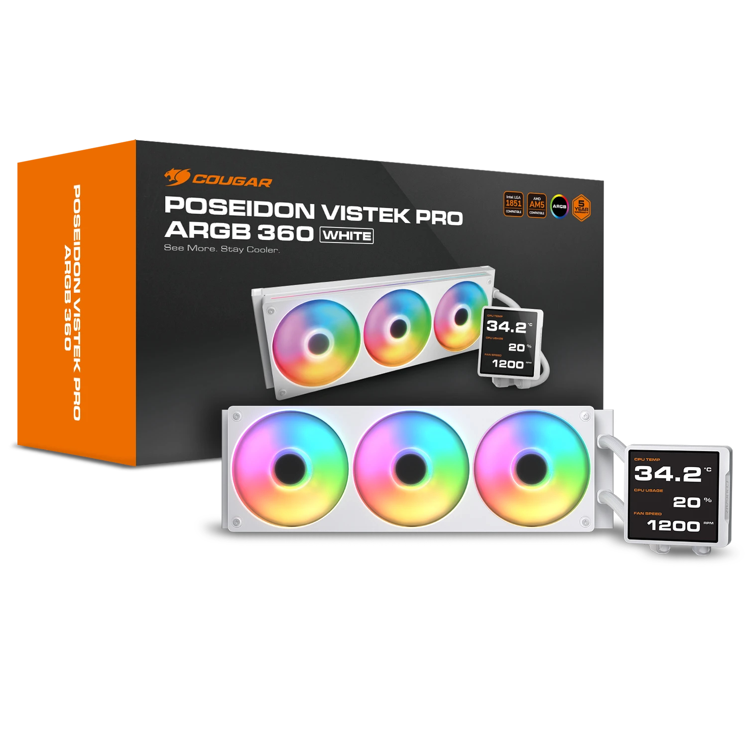 Biała chłodnica AIO Cougar Poseidon Vistek Pro 360mm z wentylatorami ARGB.