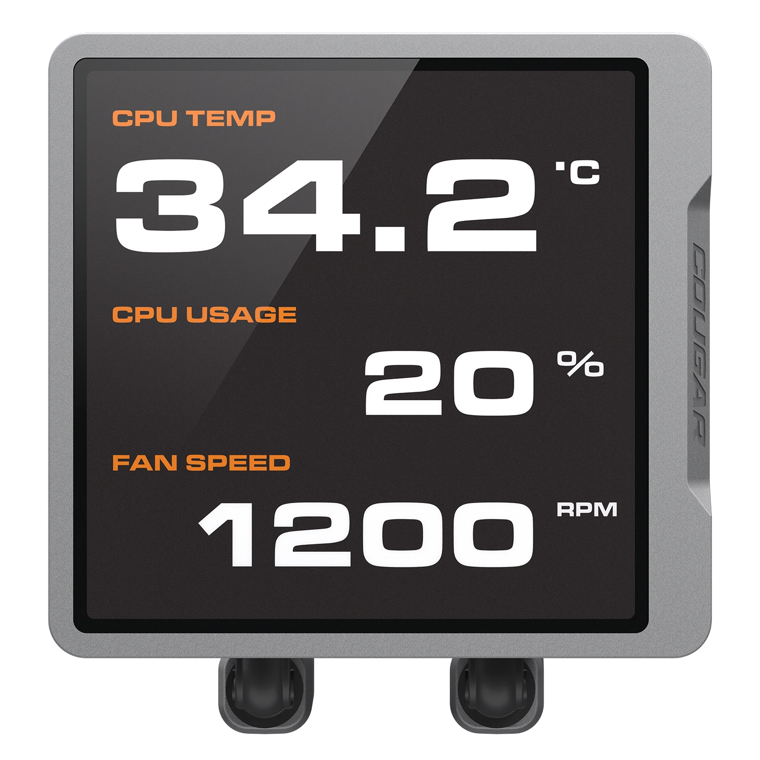 Wyświetlacz cyfrowy: Temp CPU 34.2°C, Użycie 20%, Prędkość wentylatora 1200 RPM.