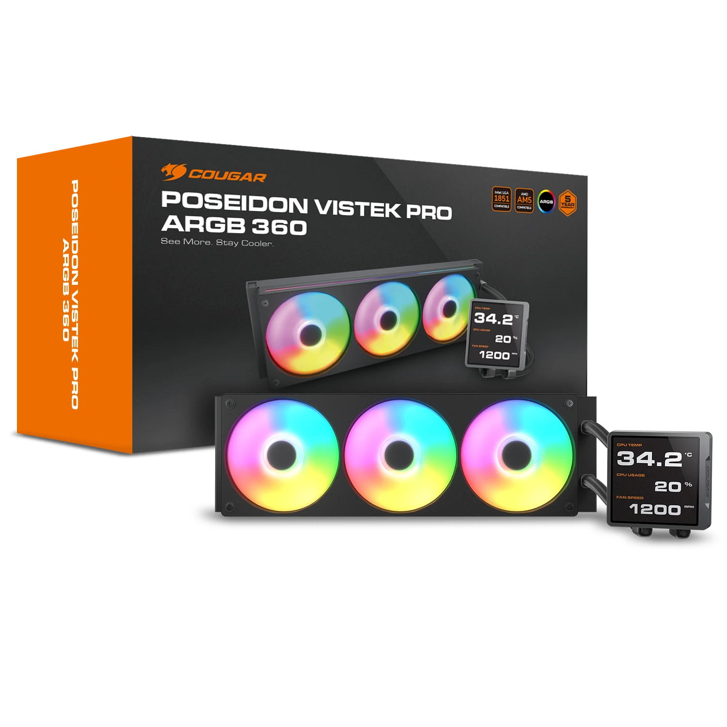 Chłodnica Cougar POSEIDON VISTEK PRO ARGB 360 z wentylatorami RGB i cyfrowym wyświetlaczem.