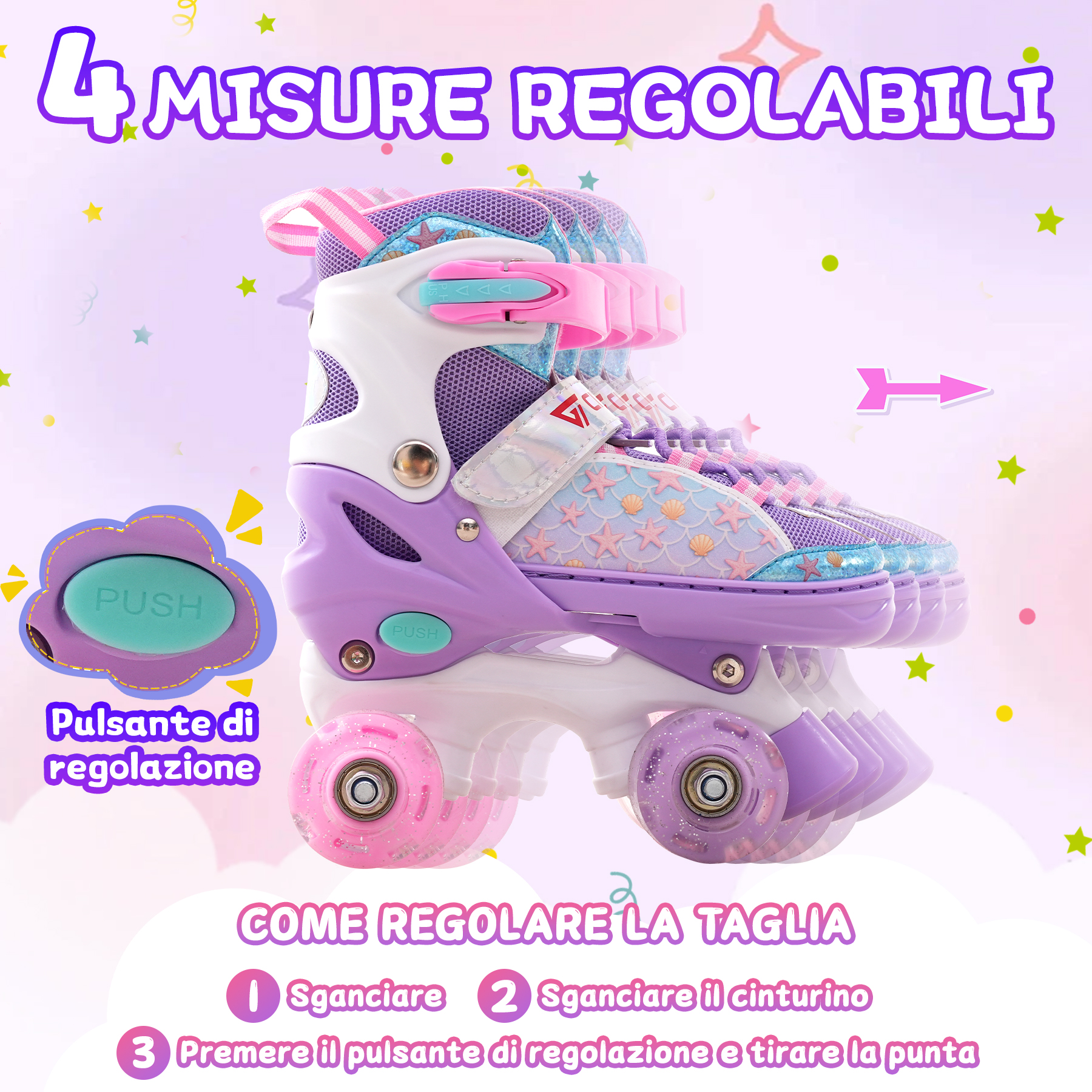 Pattini viola con motivo a sirena, 4 taglie regolabili, con pulsante.
