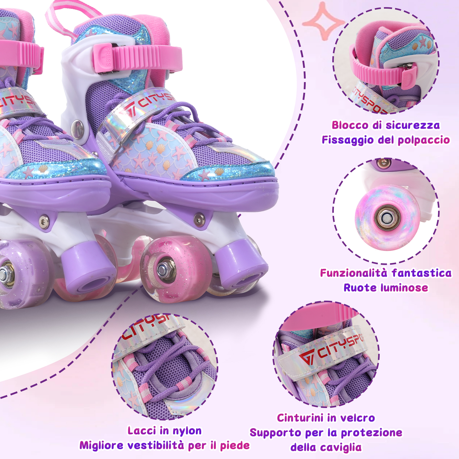 Pattini viola con cinghie rosa, lacci e ruote luminose.
