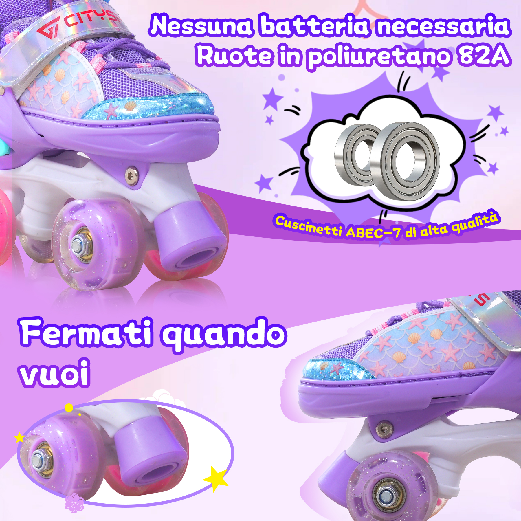 Rotelle viola con design sirena, ruote luminose e cuscinetti ABEC-7.
