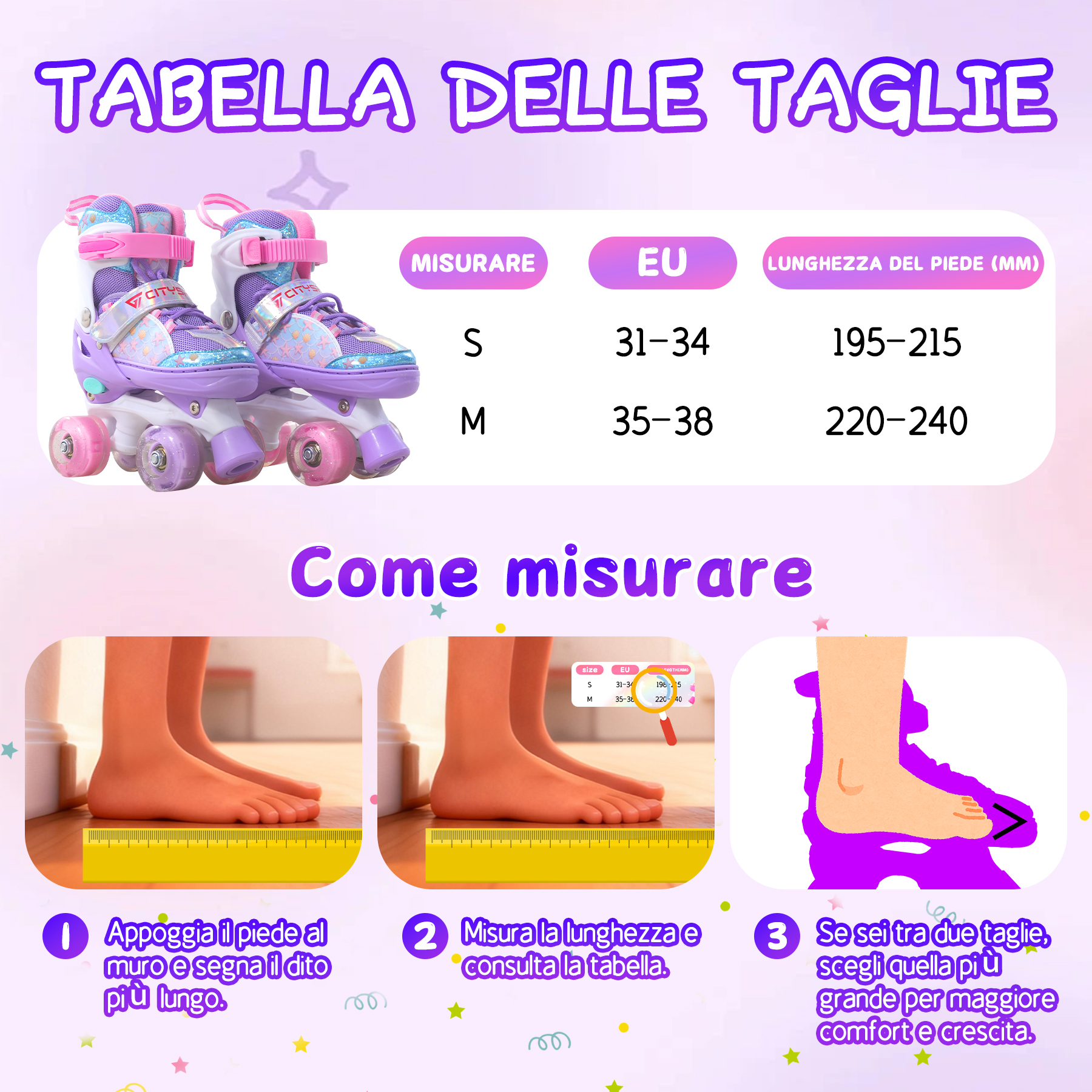 Tabella taglie con pattini e guida per misurare il piede.