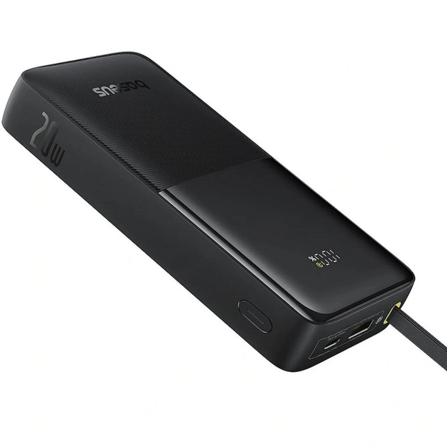 Power bank Baseus nera con indicatore di carica da 20W e display digitale.