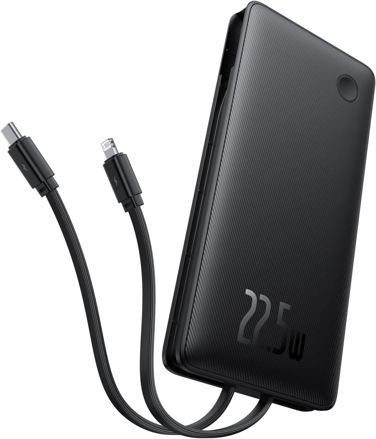 Power bank nero da 225W con due cavi di ricarica neri, uno USB-C e uno Lightning.