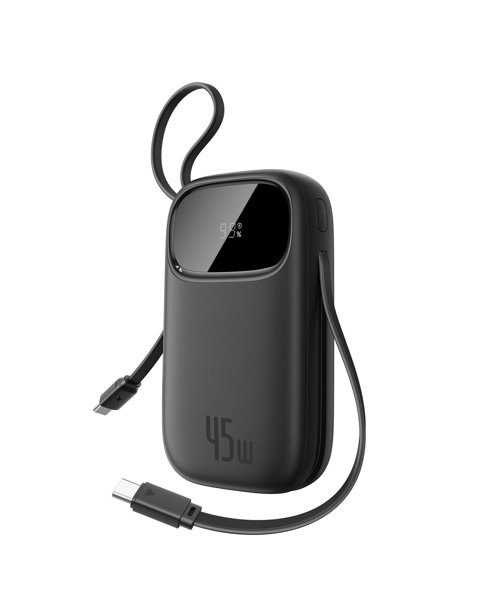 Power bank nero con display digitale e cavo USB-C.