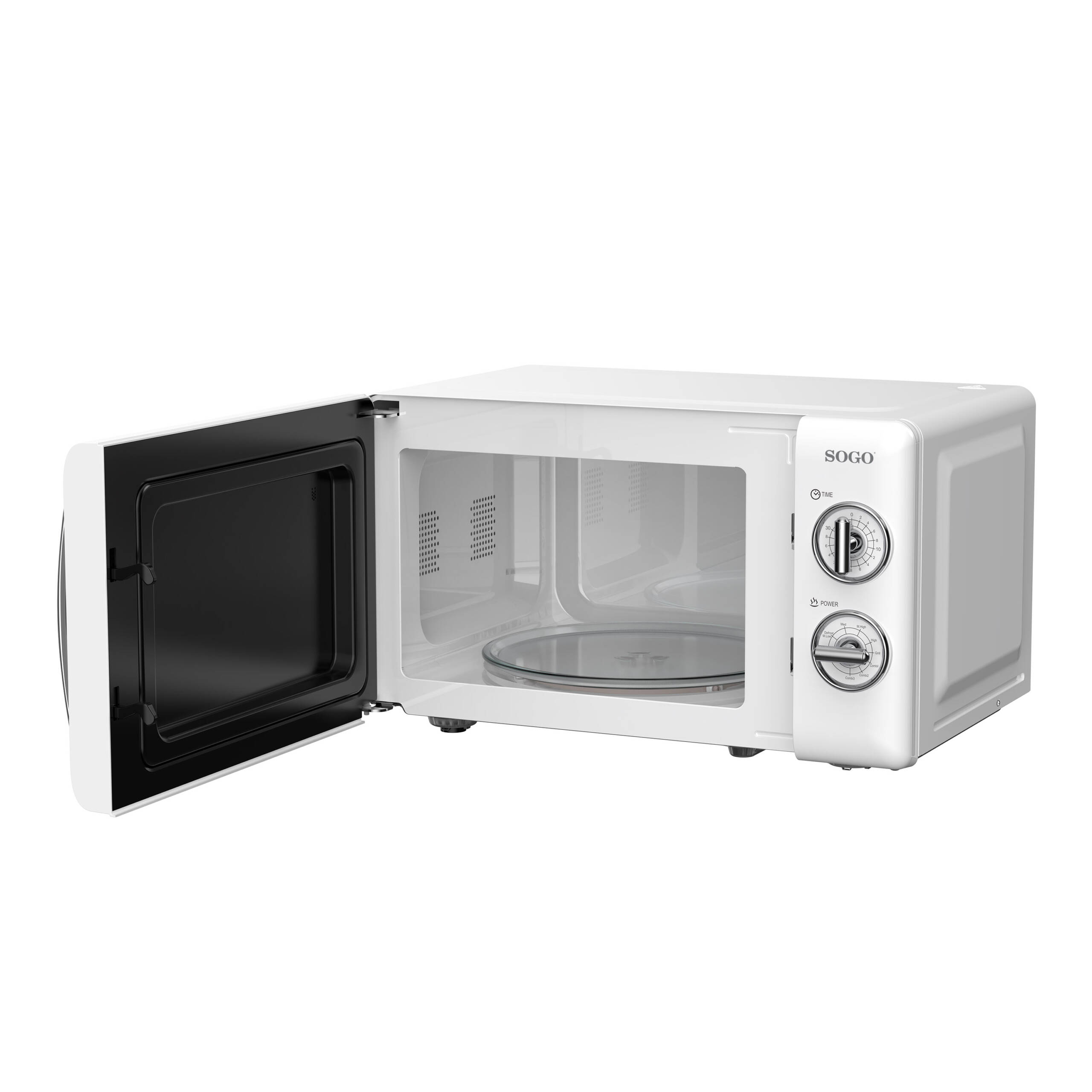 Un microonde SOGO bianco con porta aperta e piatto girevole in vetro.