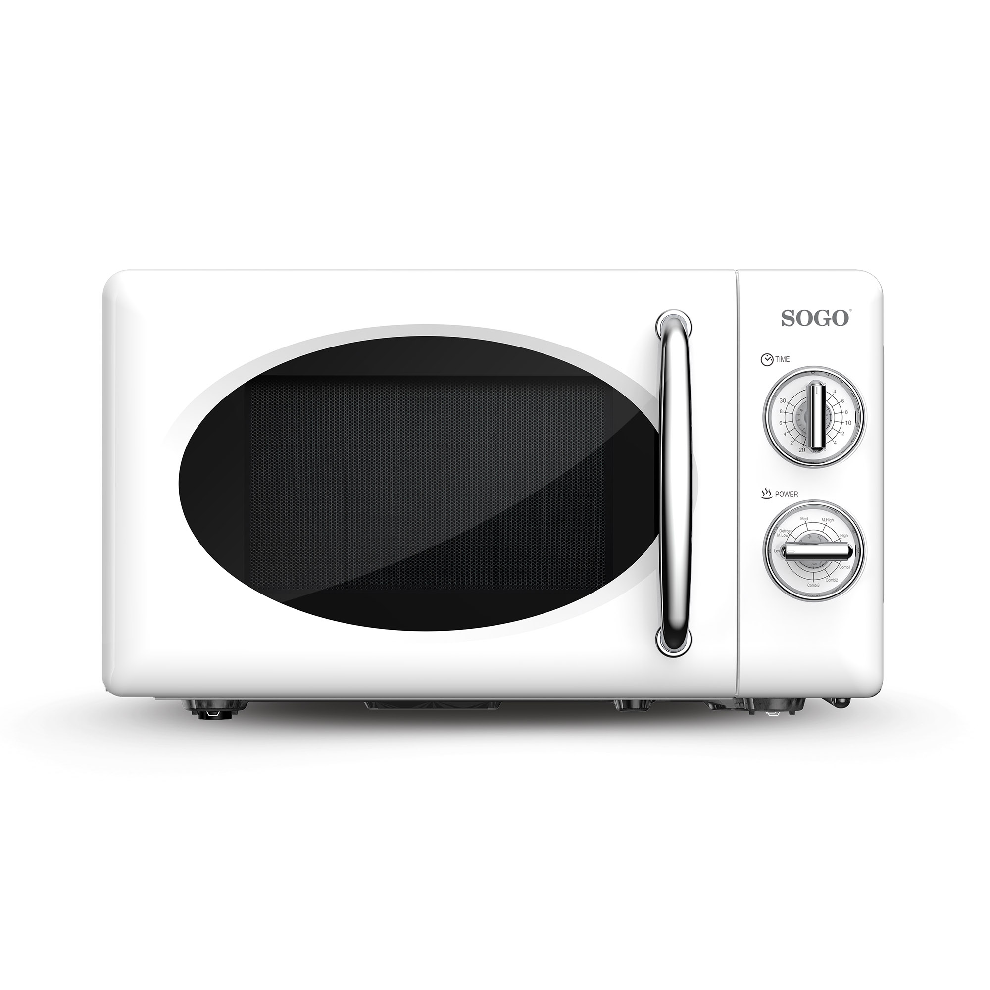 Forno a microonde bianco con manico argentato e due manopole per tempo e potenza.