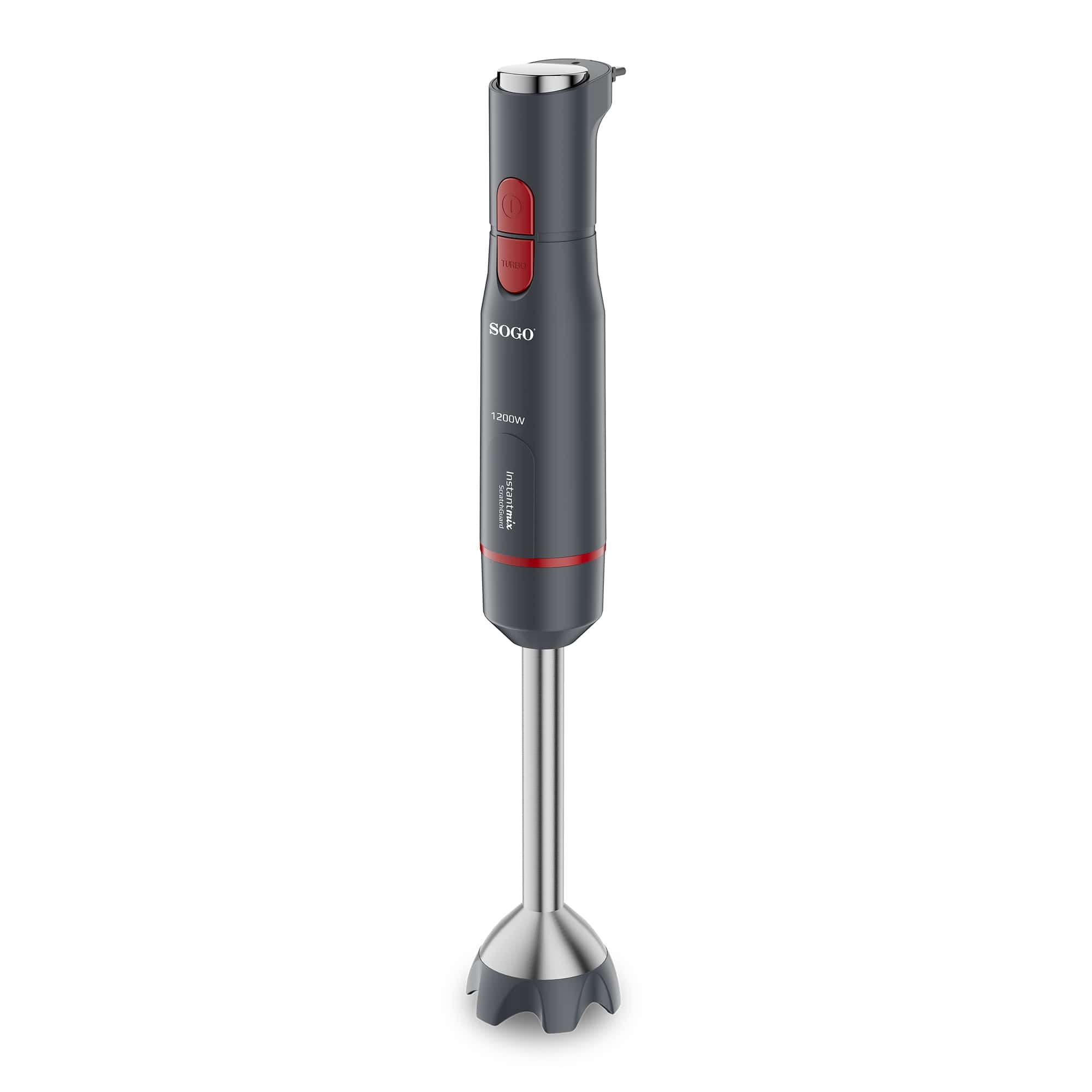 Frullatore a immersione grigio scuro con albero in metallo argentato e pulsante turbo rosso.