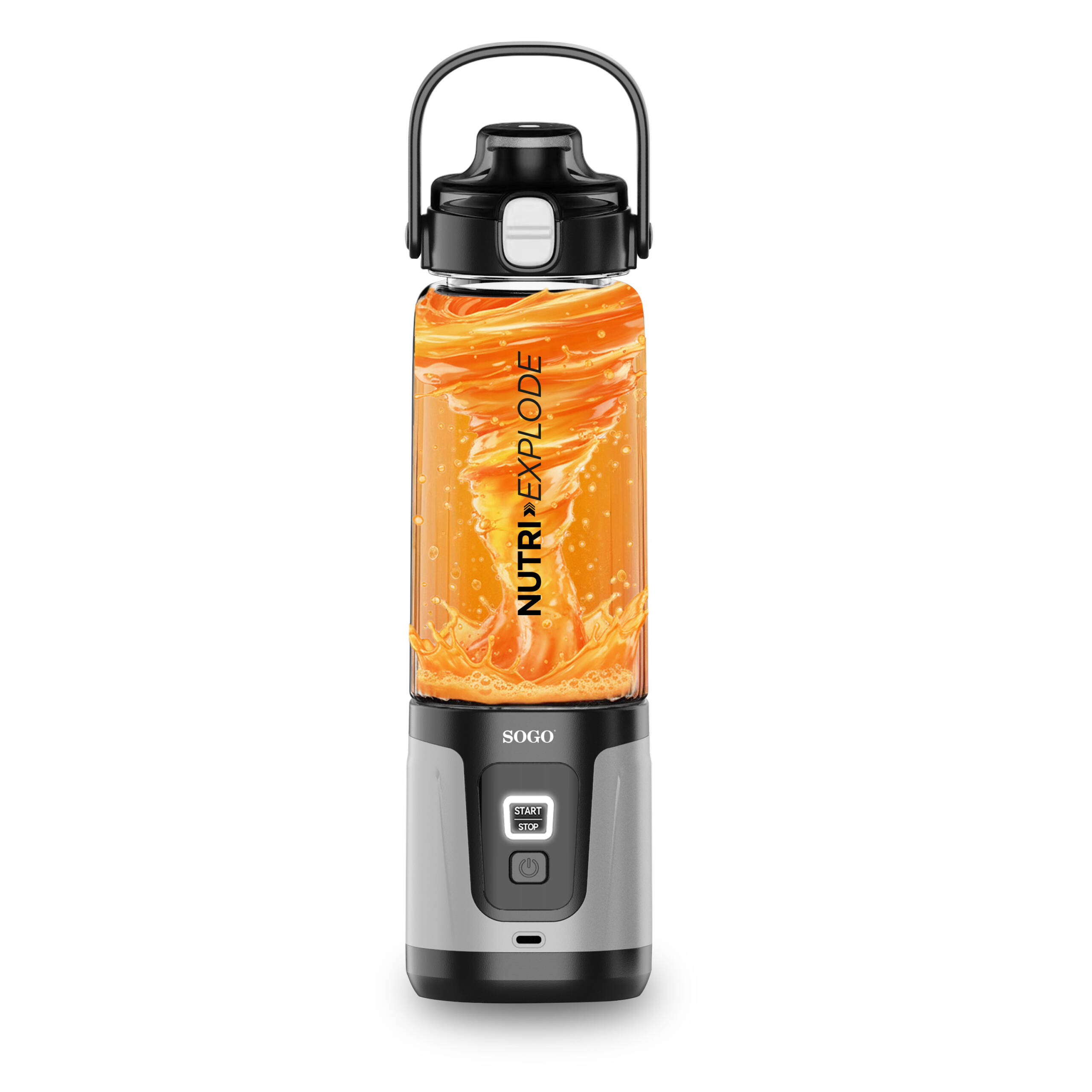 Un frullatore portatile con un liquido arancione che turbina nella sua bottiglia trasparente.